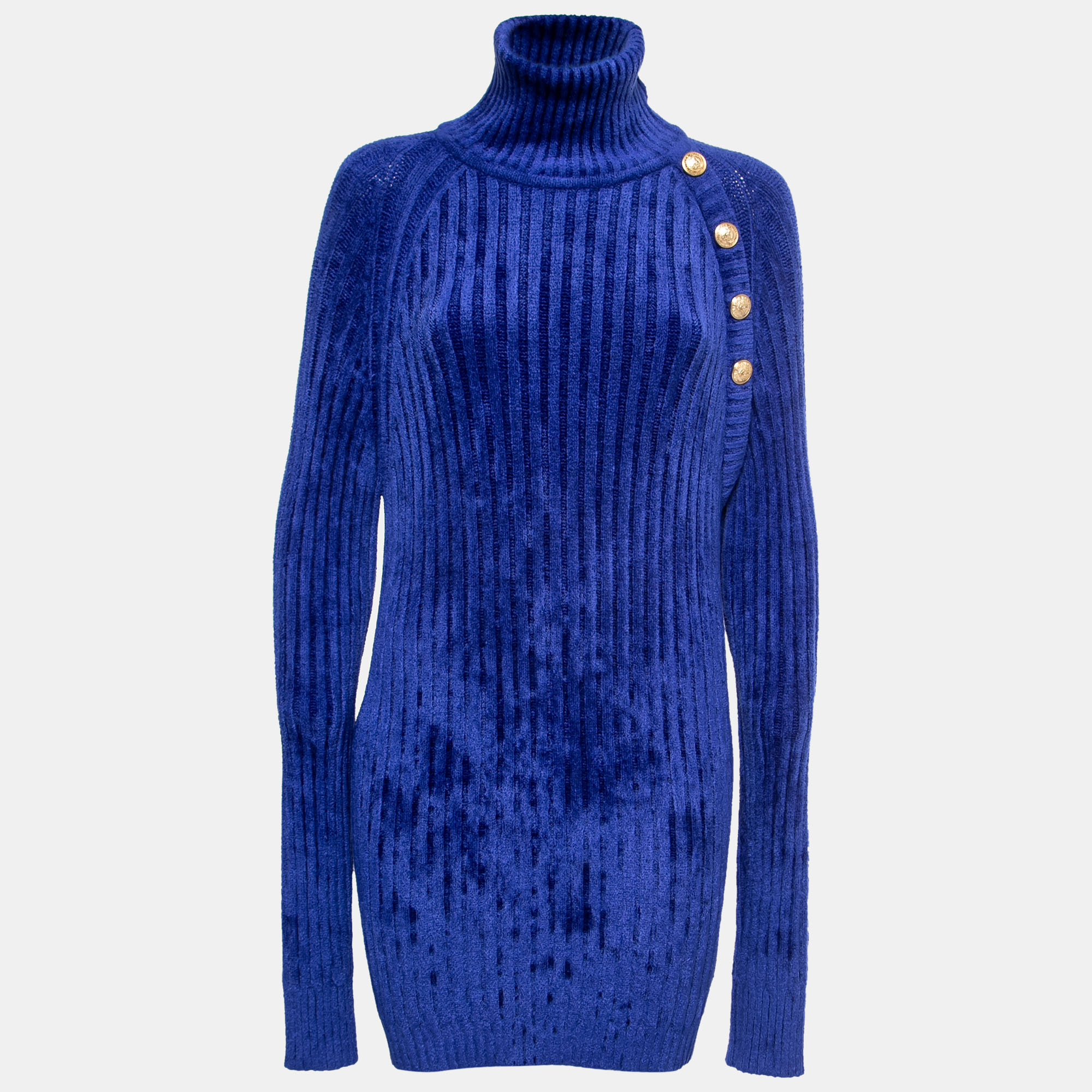 Pre-owned Balmain Blue Knit Button Embellished Turtleneck Sweater Dress M