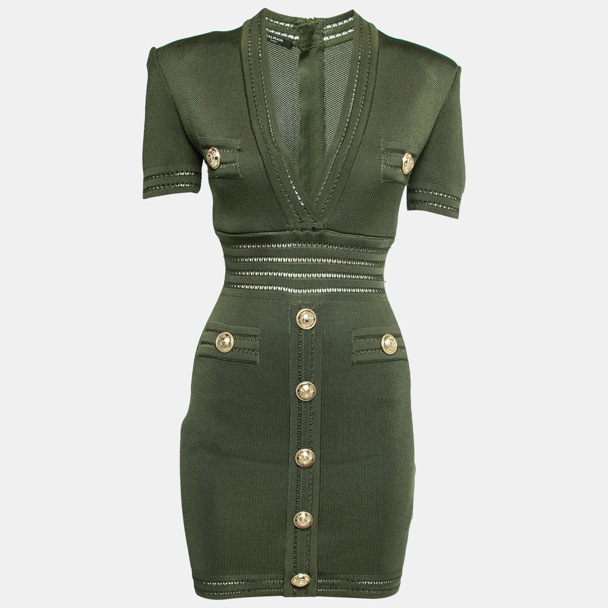 Pre Owned Balmain Olive Green Knit Button Detail Short Dress S