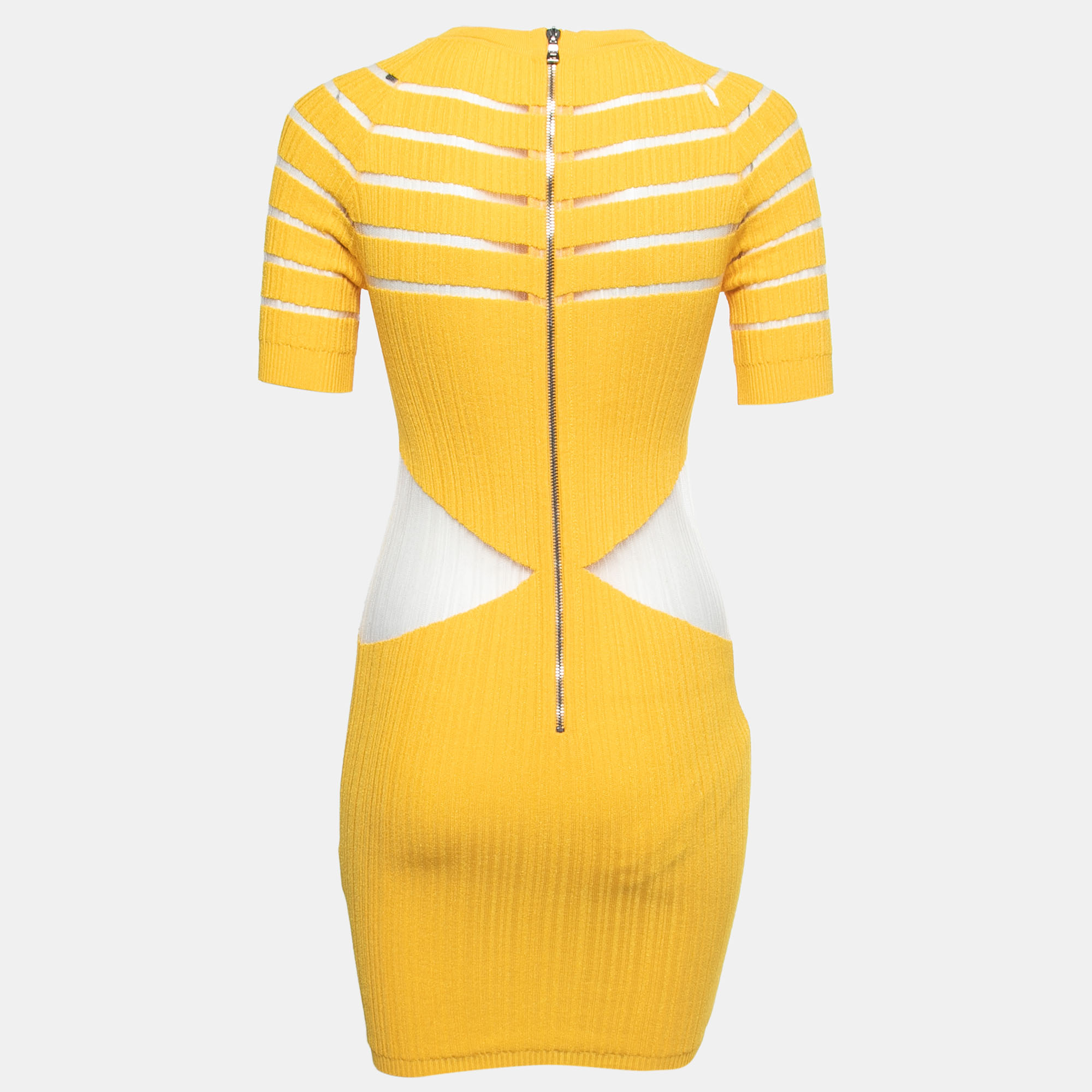 

Balmain Yellow Rib Knit & Mesh Inset Short Sleeve Bodycon Dress