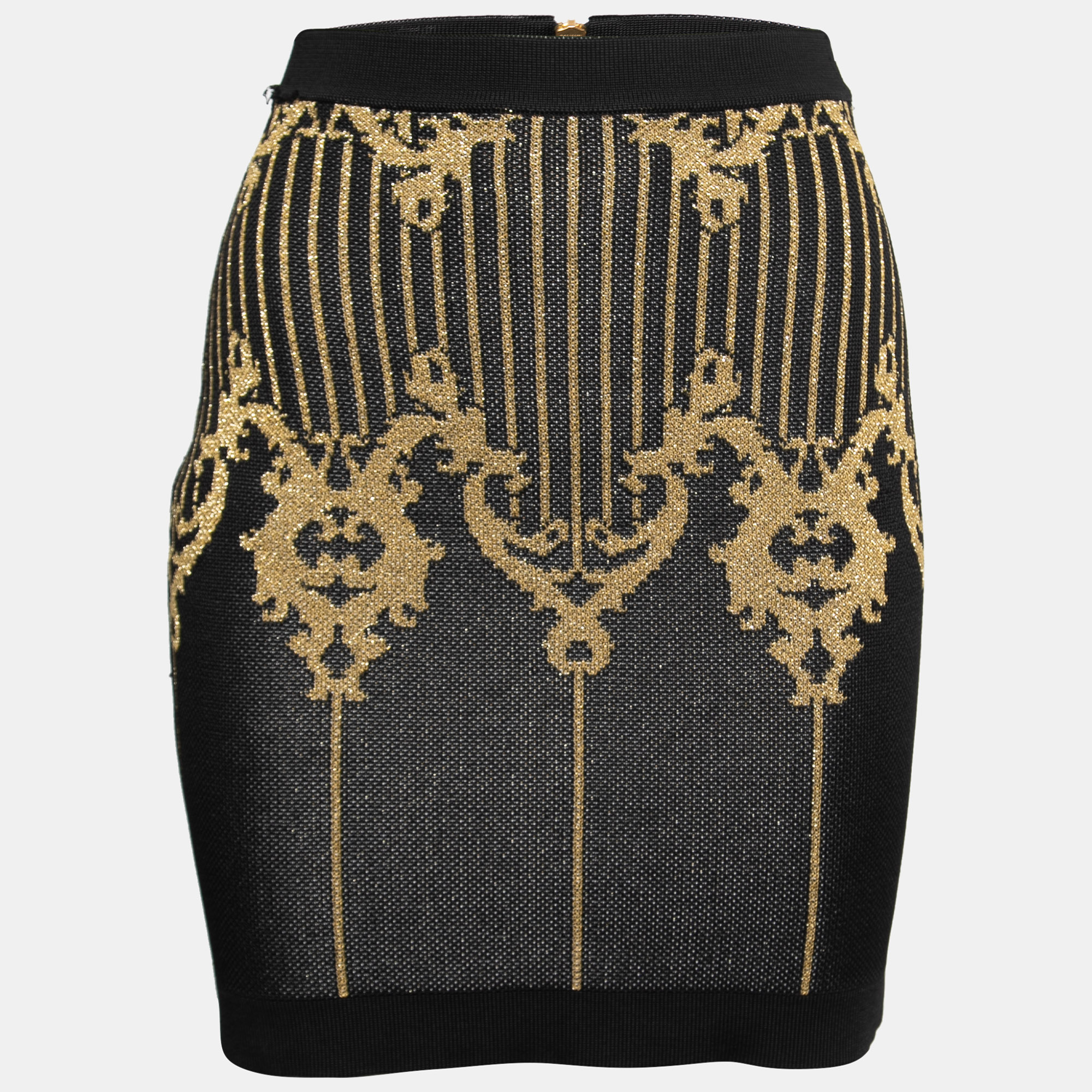 Pre-owned Balmain Black & Gold Baroque Patterned Lurex Knit Mini Skirt S