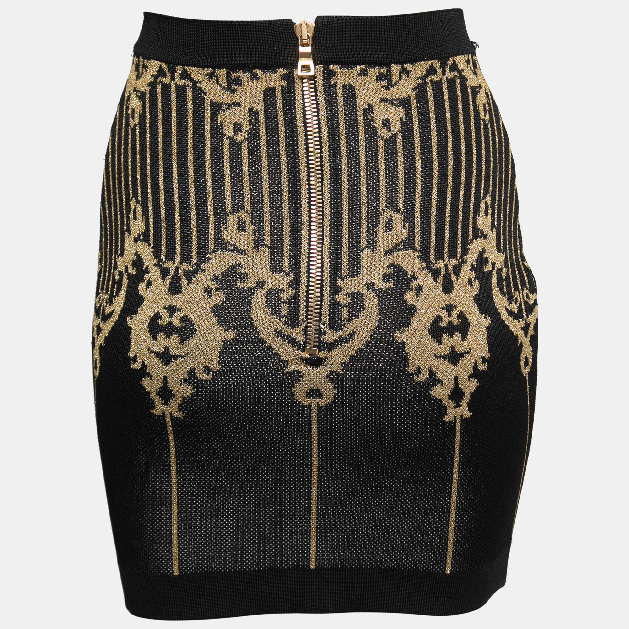 

Balmain Black & Gold Baroque Patterned Lurex Knit Mini Skirt