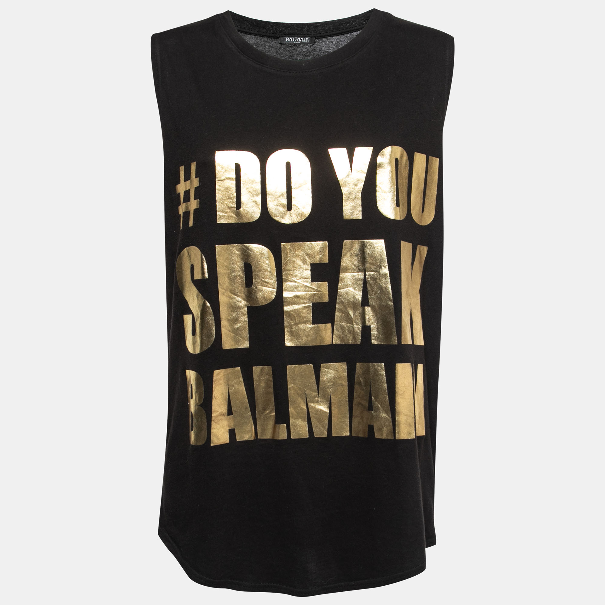 Pre Owned Balmain Black Cotton 'Do You Speak Balmain' Printed Tank Top S