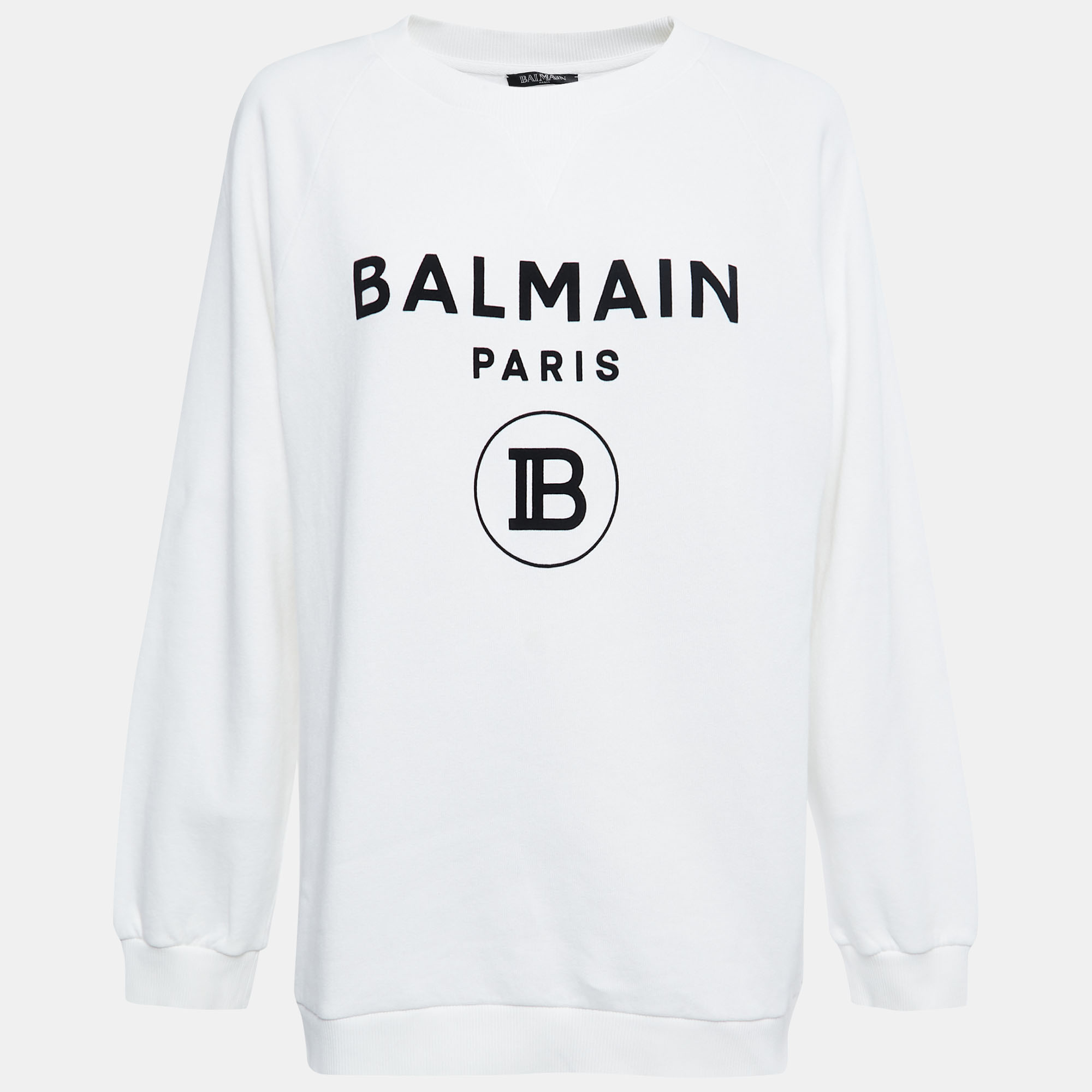 Pre-owned Balmain White Rib Knit Logo Print Raglan Sleeve Sweatshirt L