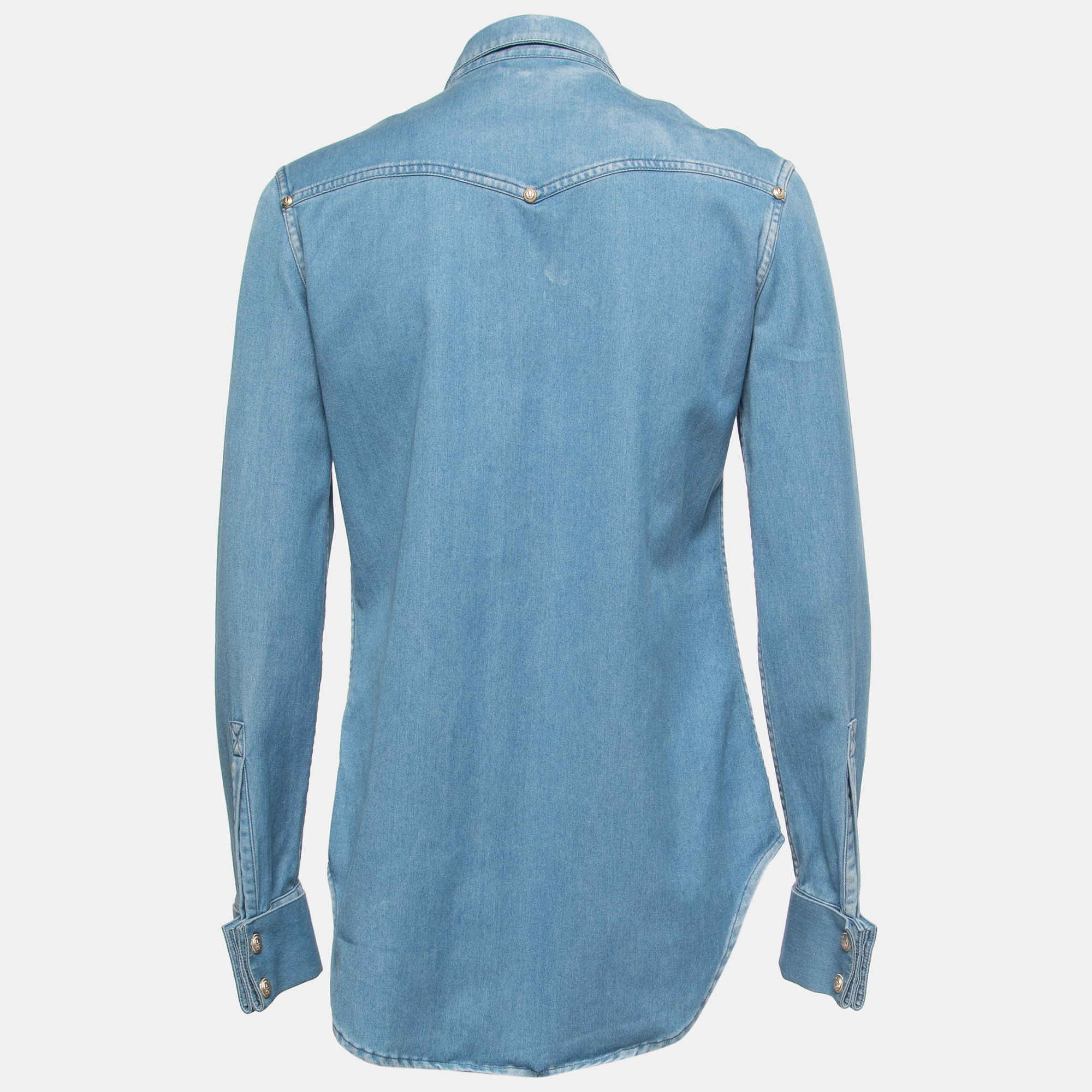 

Balmain Light Blue Denim Gold Button Detail Long Sleeve Shirt