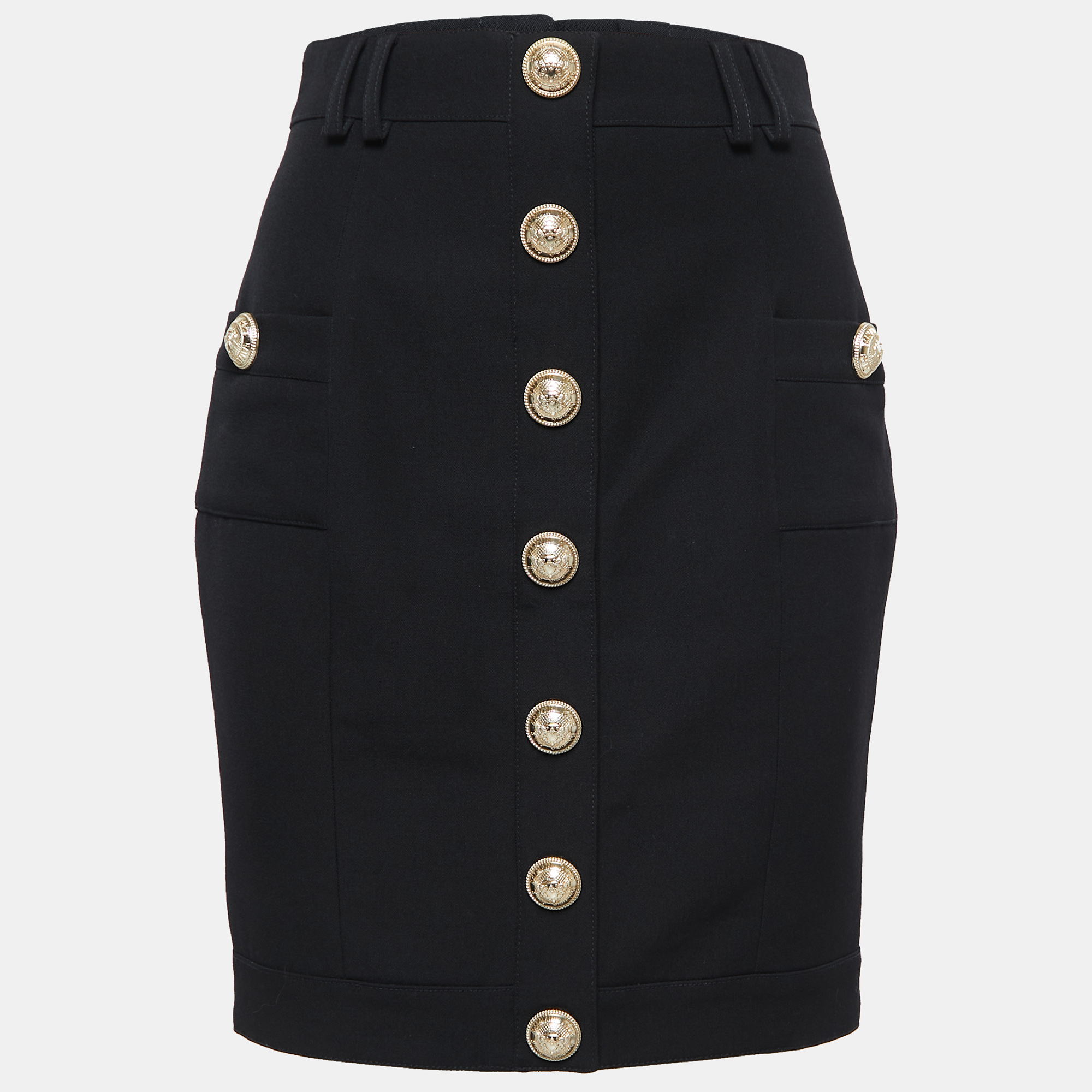 Pre-owned Balmain Black Crepe Button-embellished Mini Skirt S