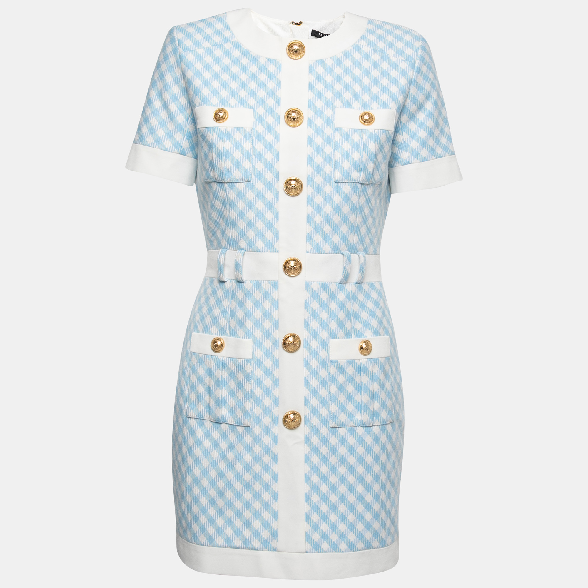 Pre-owned Balmain Blue Gingham Patterned Cotton Button-embellished Mini Dress M