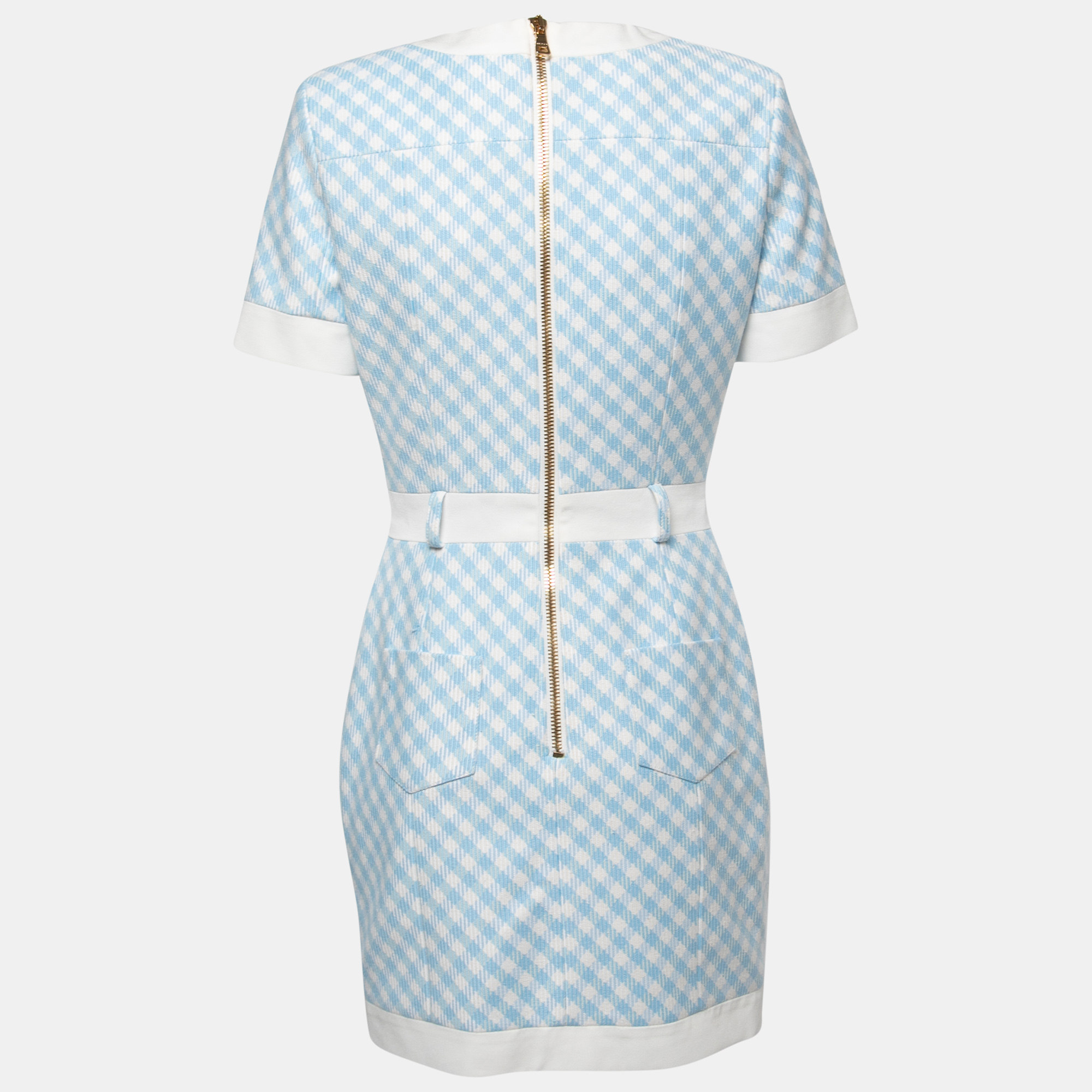

Balmain Blue Gingham Patterned Cotton Button-Embellished Mini Dress