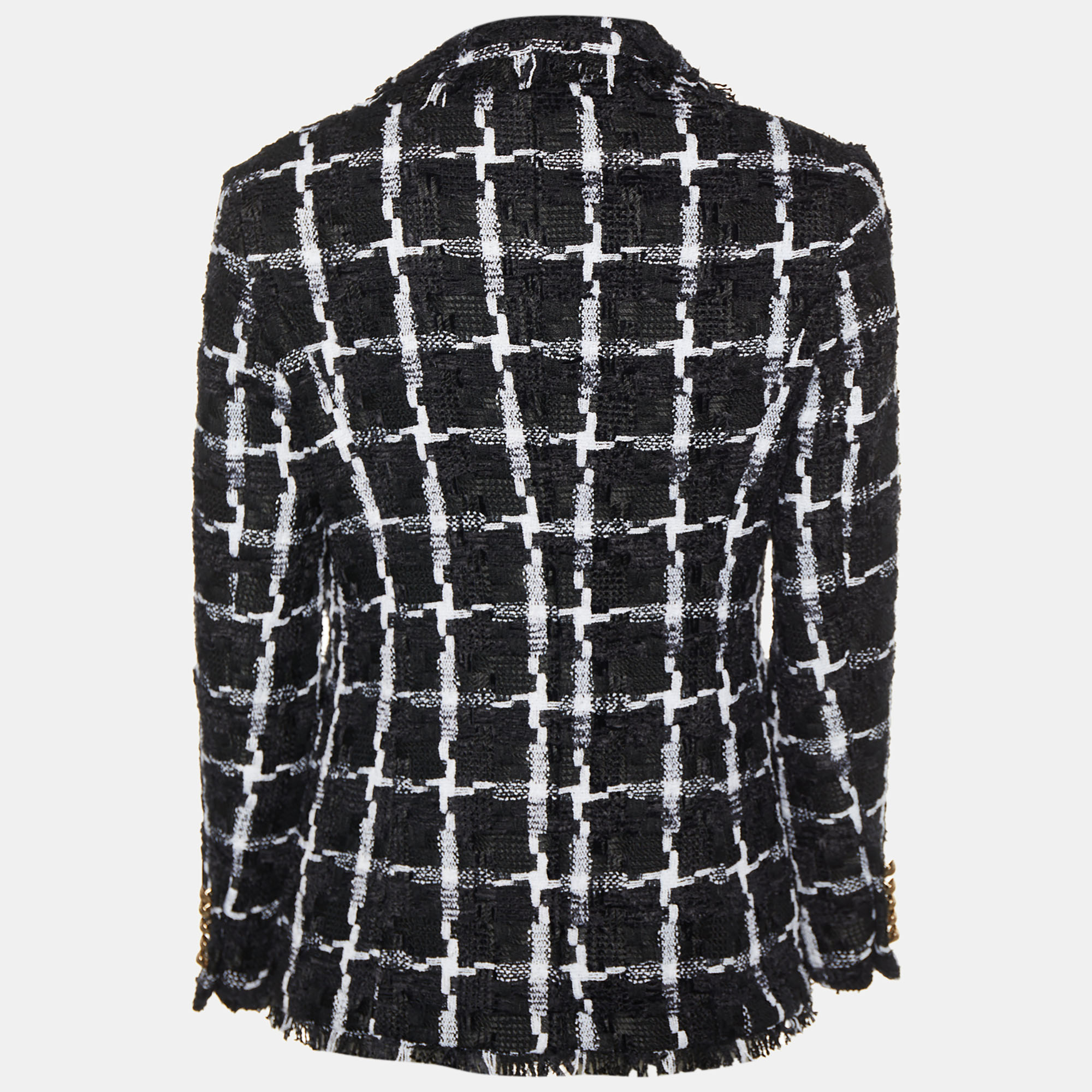 

Balmain Black Checkered Fringed Boucle Open Front Blazer