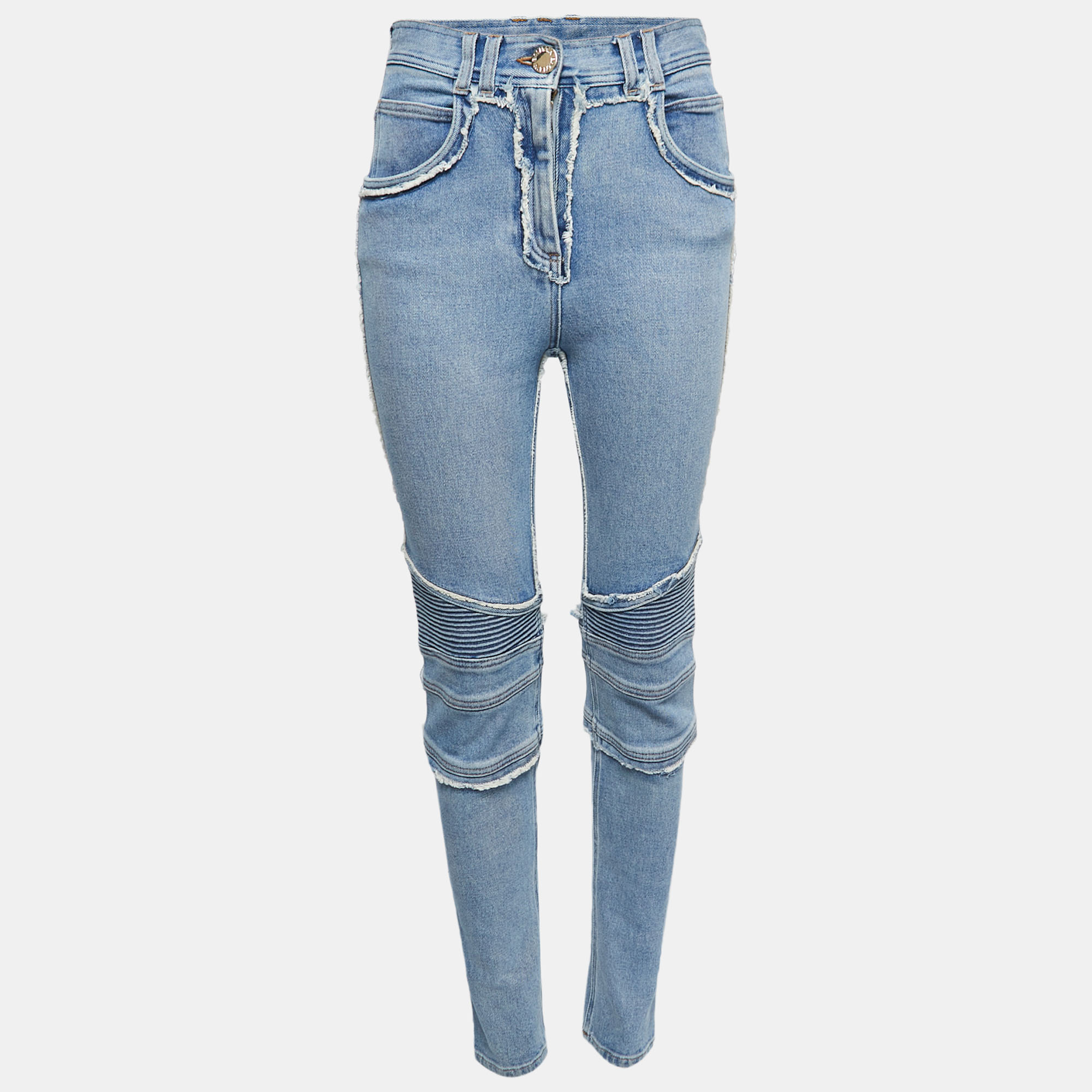 

Balmain Blue Denim Quilted Detail Frayed Jeans  Waist 28