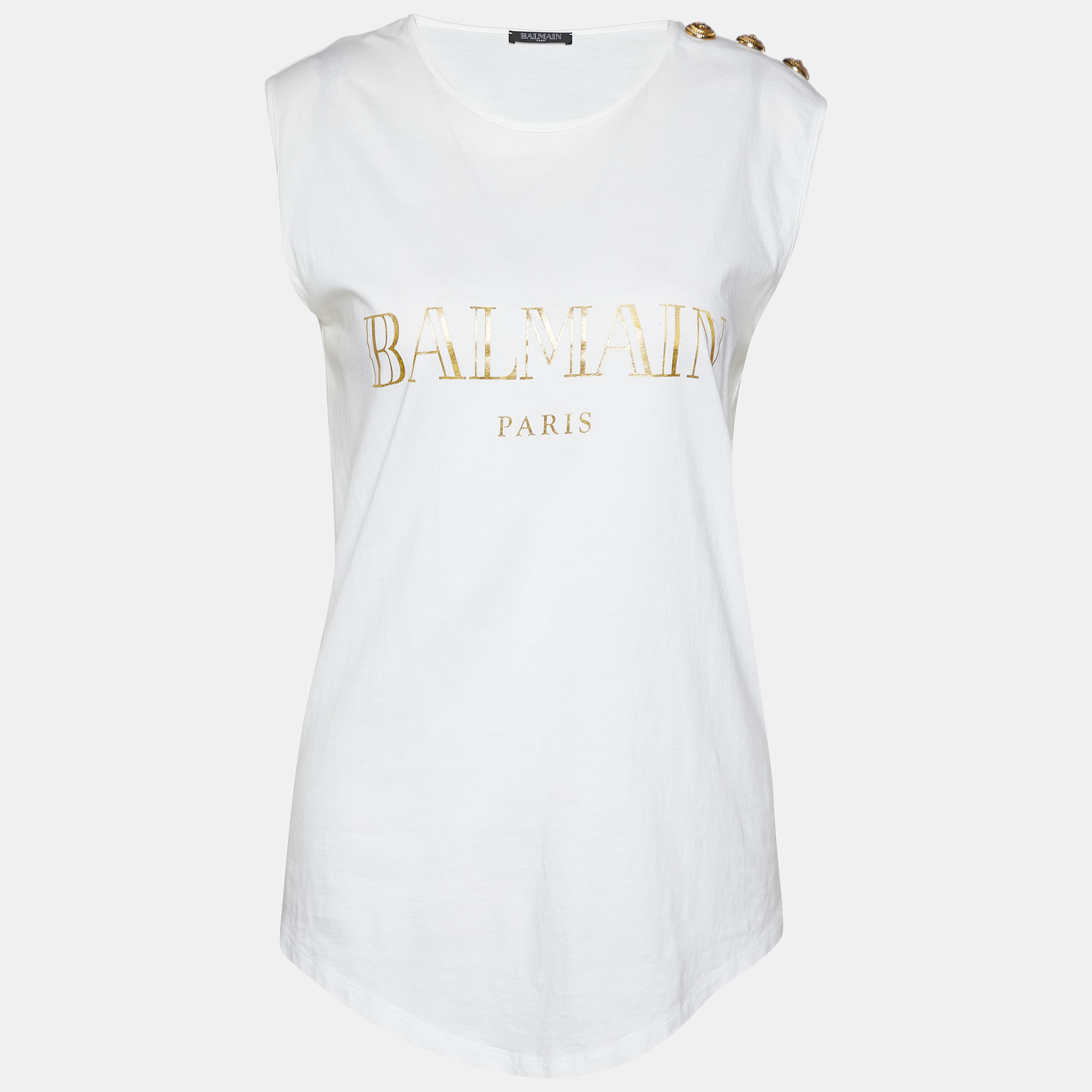 Pre-owned Balmain White Logo Printed Cotton Knit Sleeveless T-shirt S