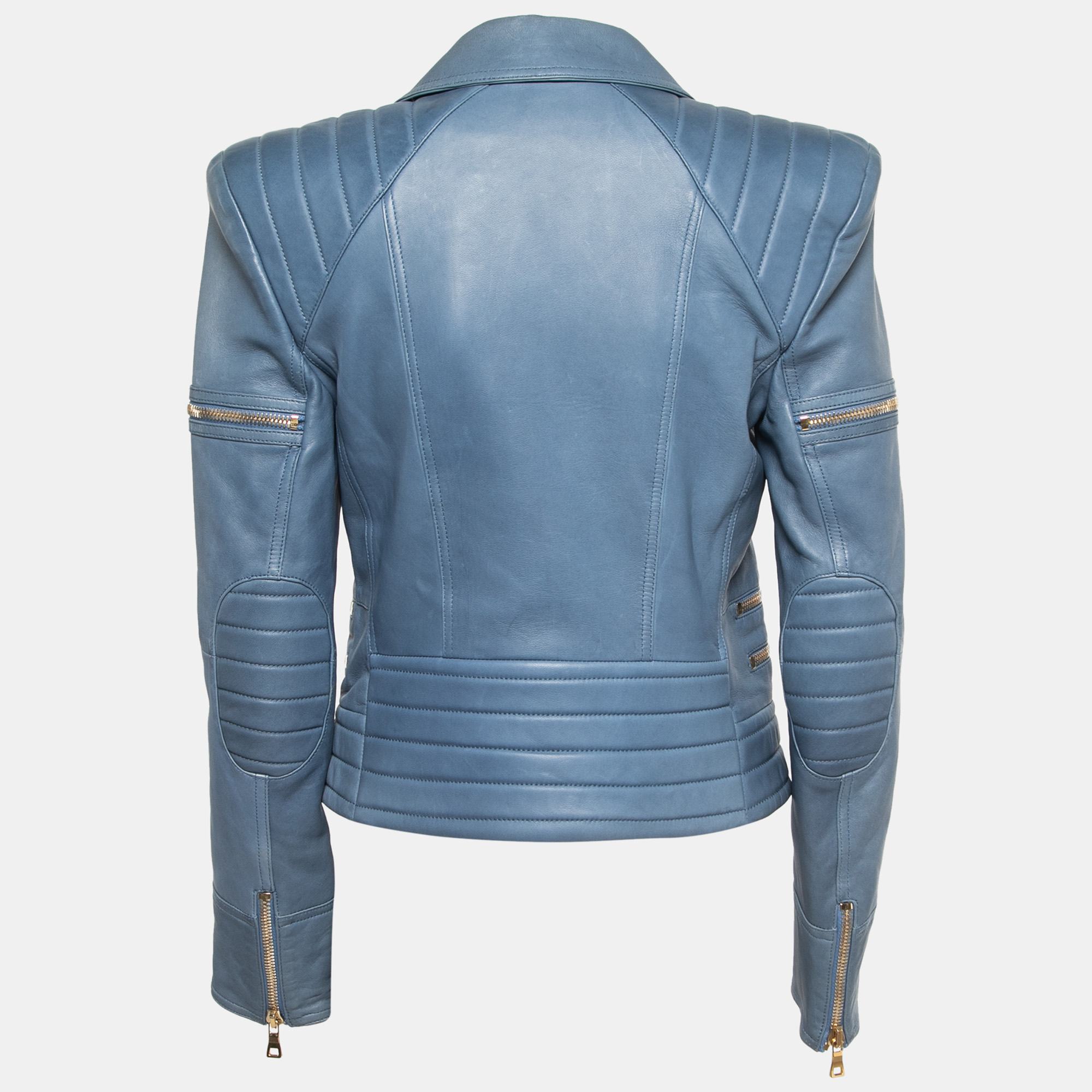 

Balmain Blue Lambskin Leather Biker Jacket