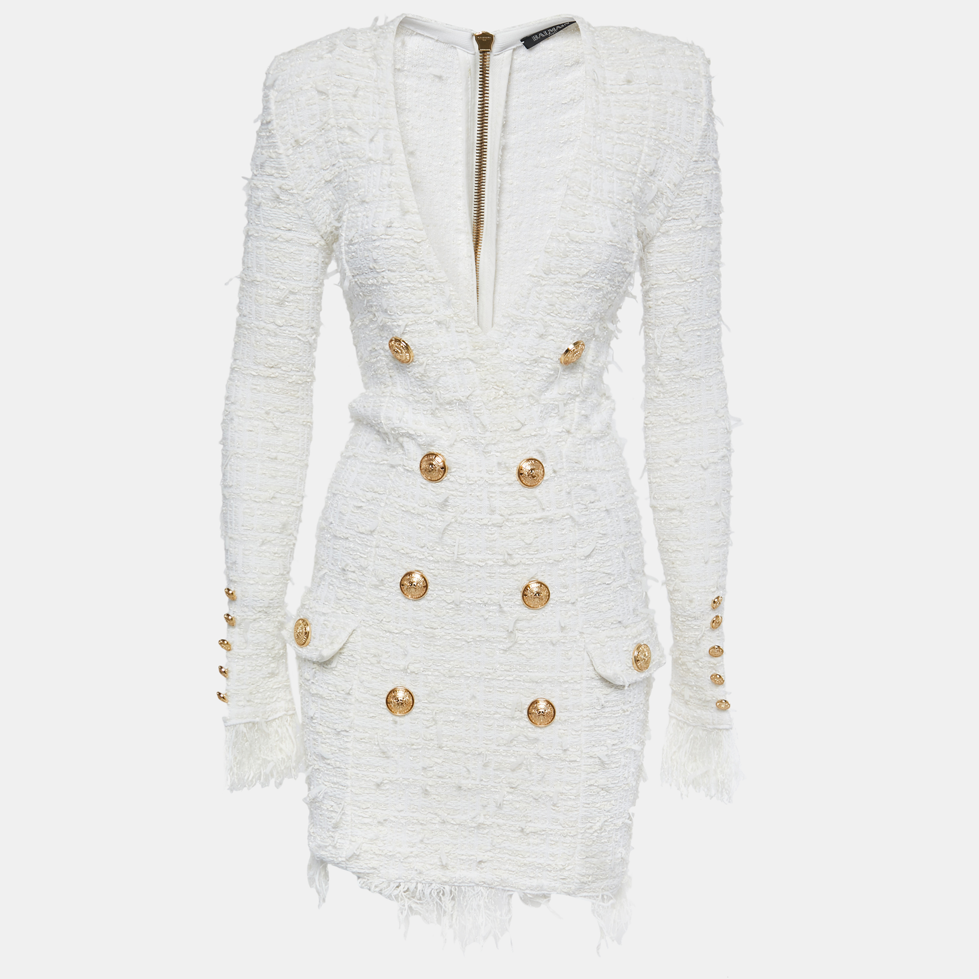 Pre-owned Balmain White Boucle Tweed Double-breasted Fringed Dress S