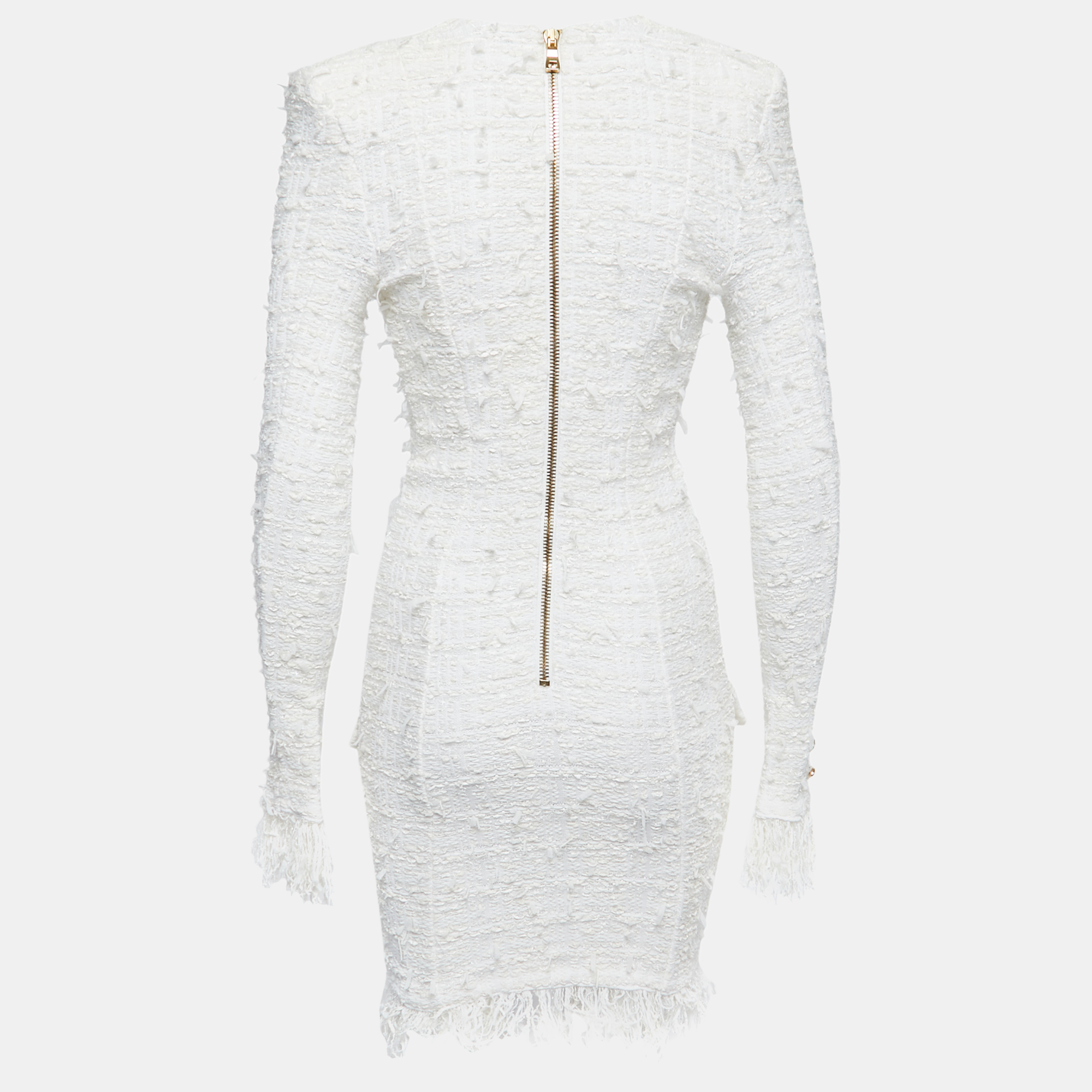 

Balmain White Boucle Tweed Double-Breasted Fringed Dress