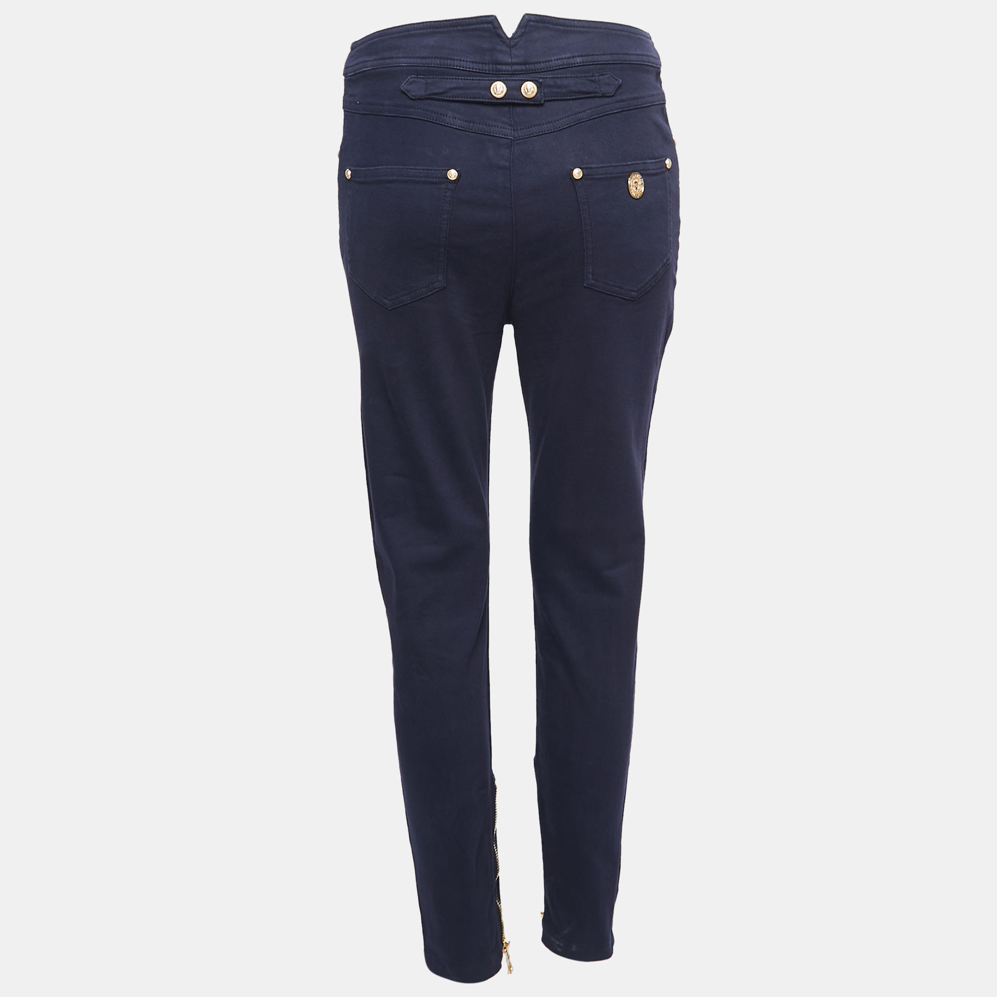 

Balmain Navy Blue Denim Button Embellished High Waist Trousers