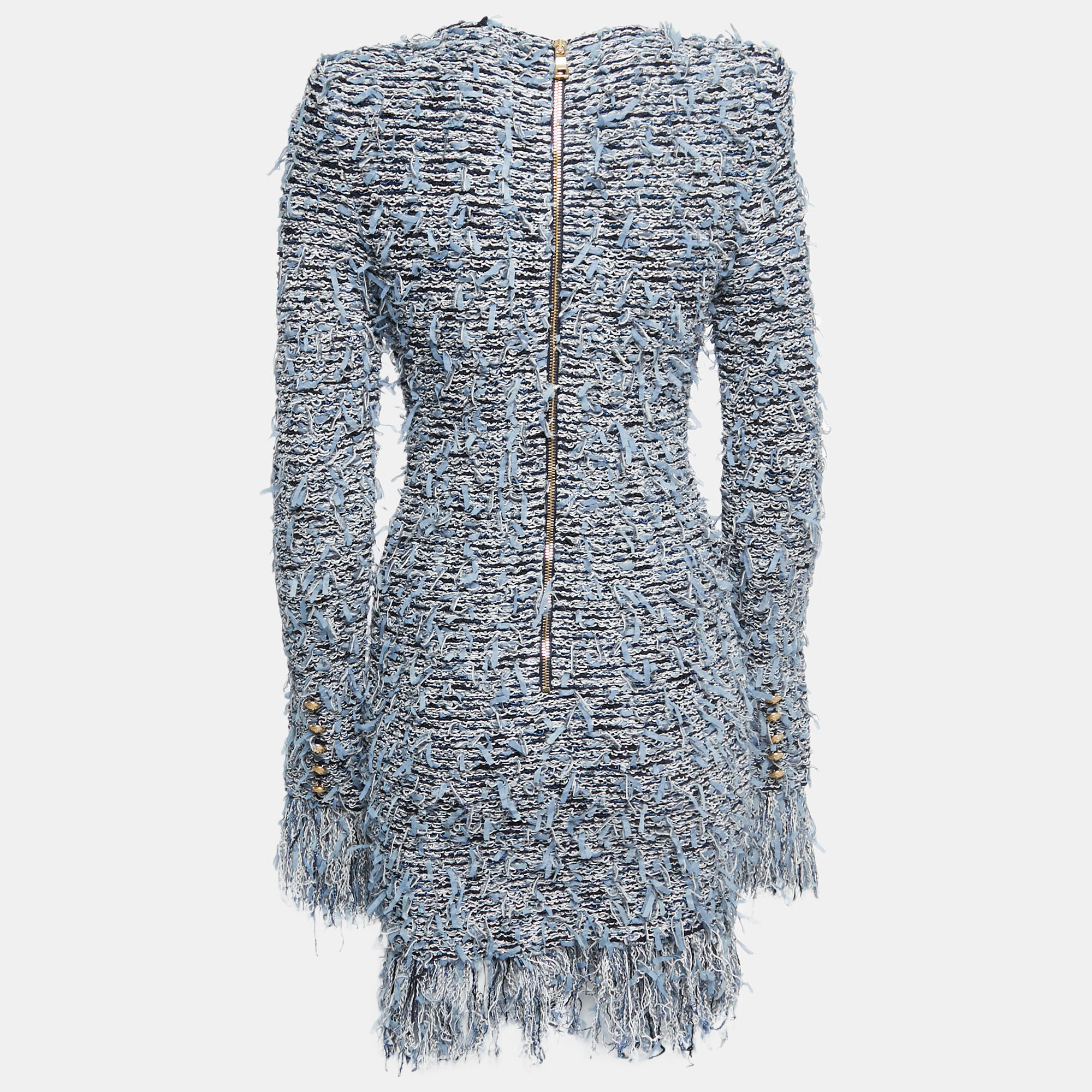 

Balmain Blue Stretch Tweed Frayed Long Sleeve Mini Dress
