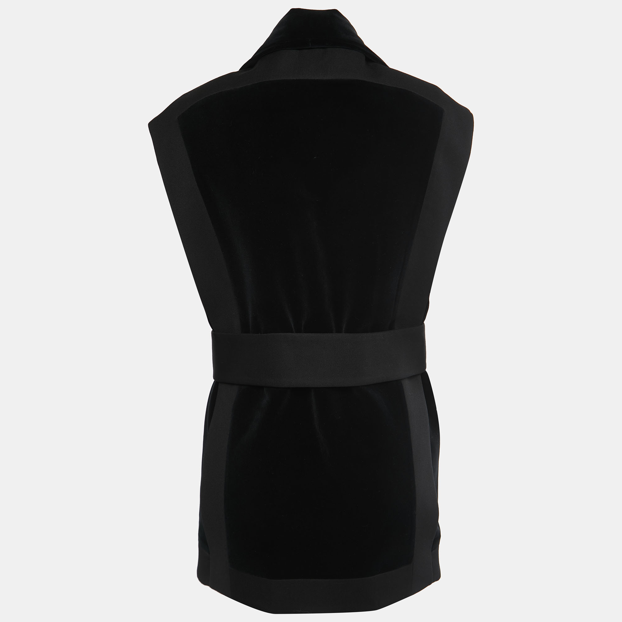 

Balmain Black Cotton & Wool Open Front Belted Sleeveless Jacket