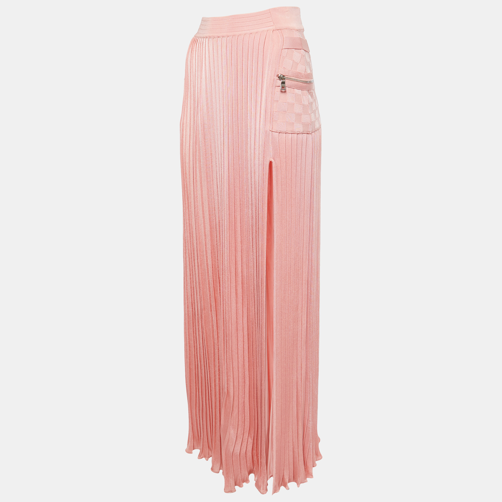 

Balmain Pink Knit Fit & Flare High Waist Maxi Skirt