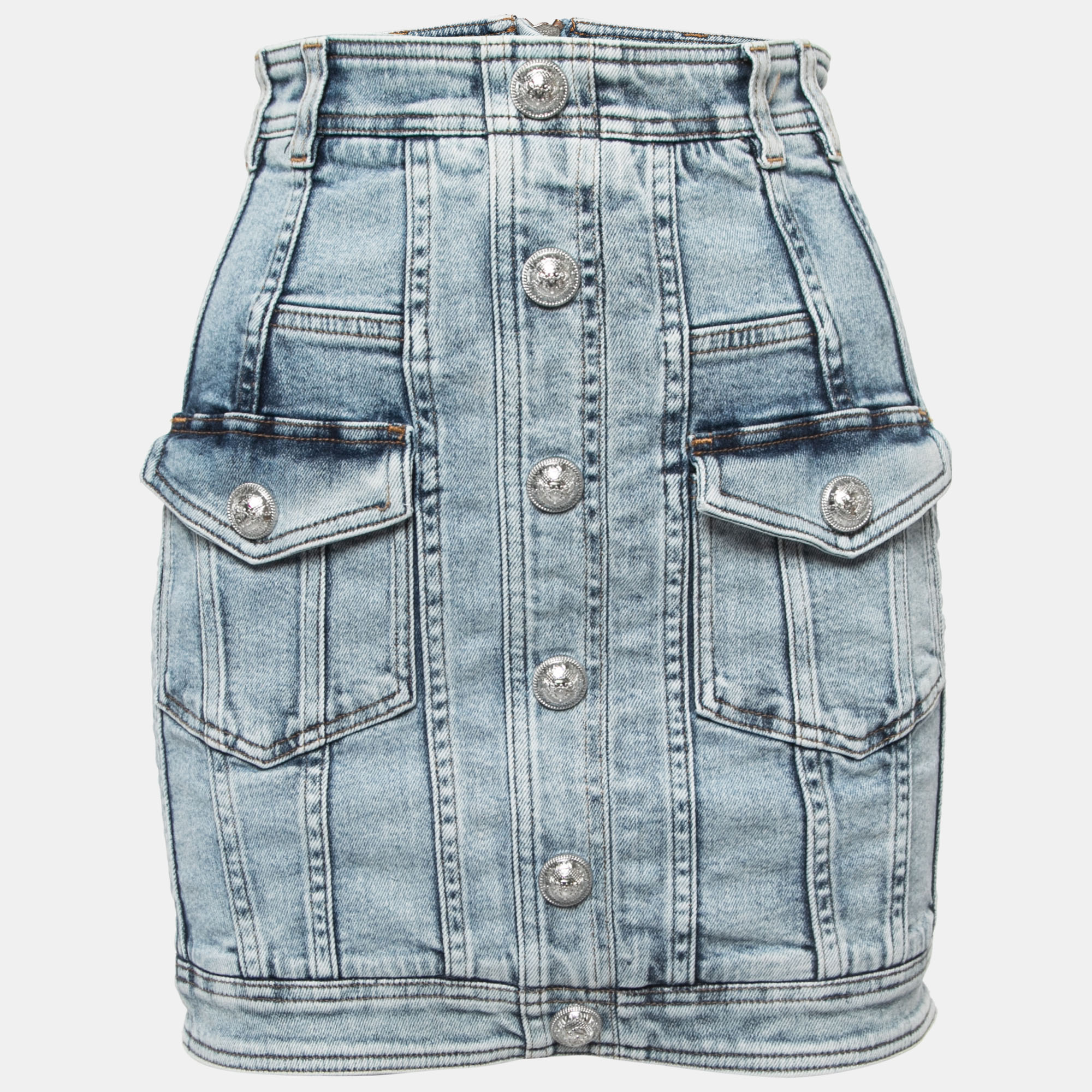 

Balmain Blue Washed Denim Button Detail Mini Skirt