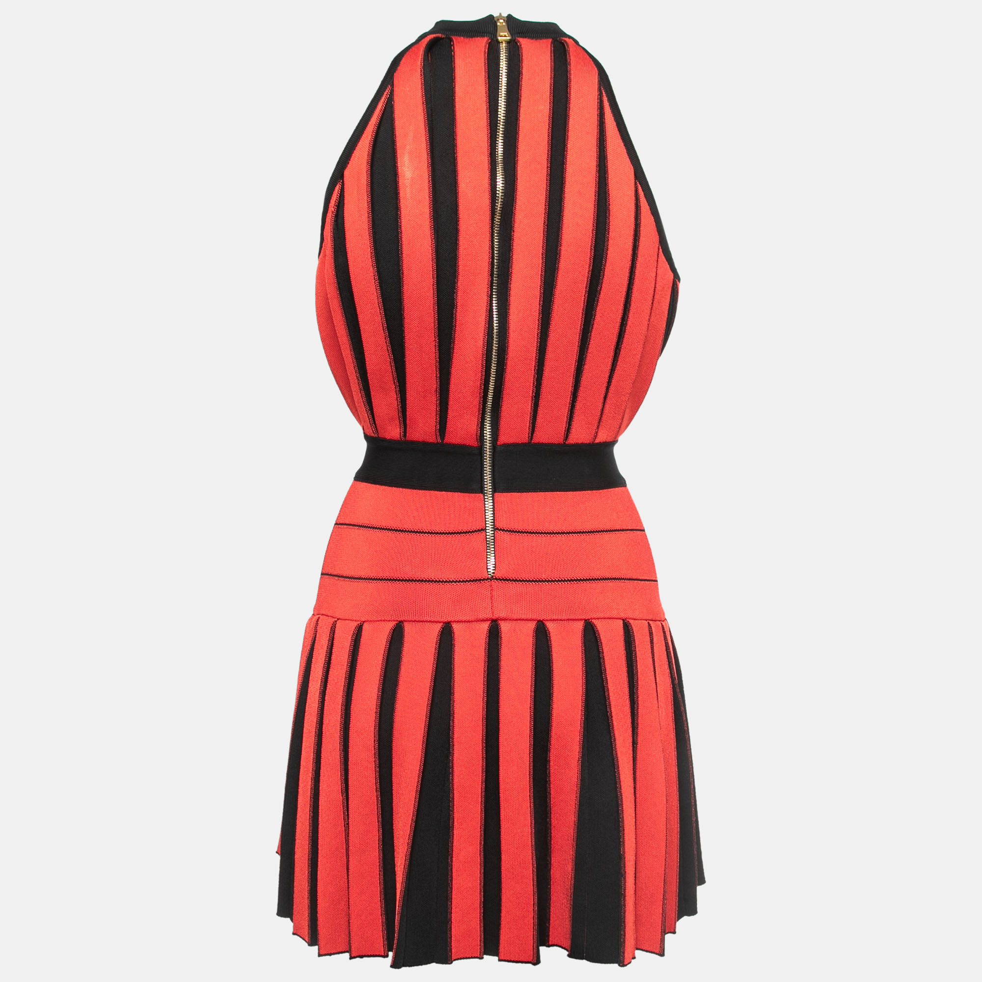 

Balmain Black/Red Knit Pleated Halterneck Mini Dress