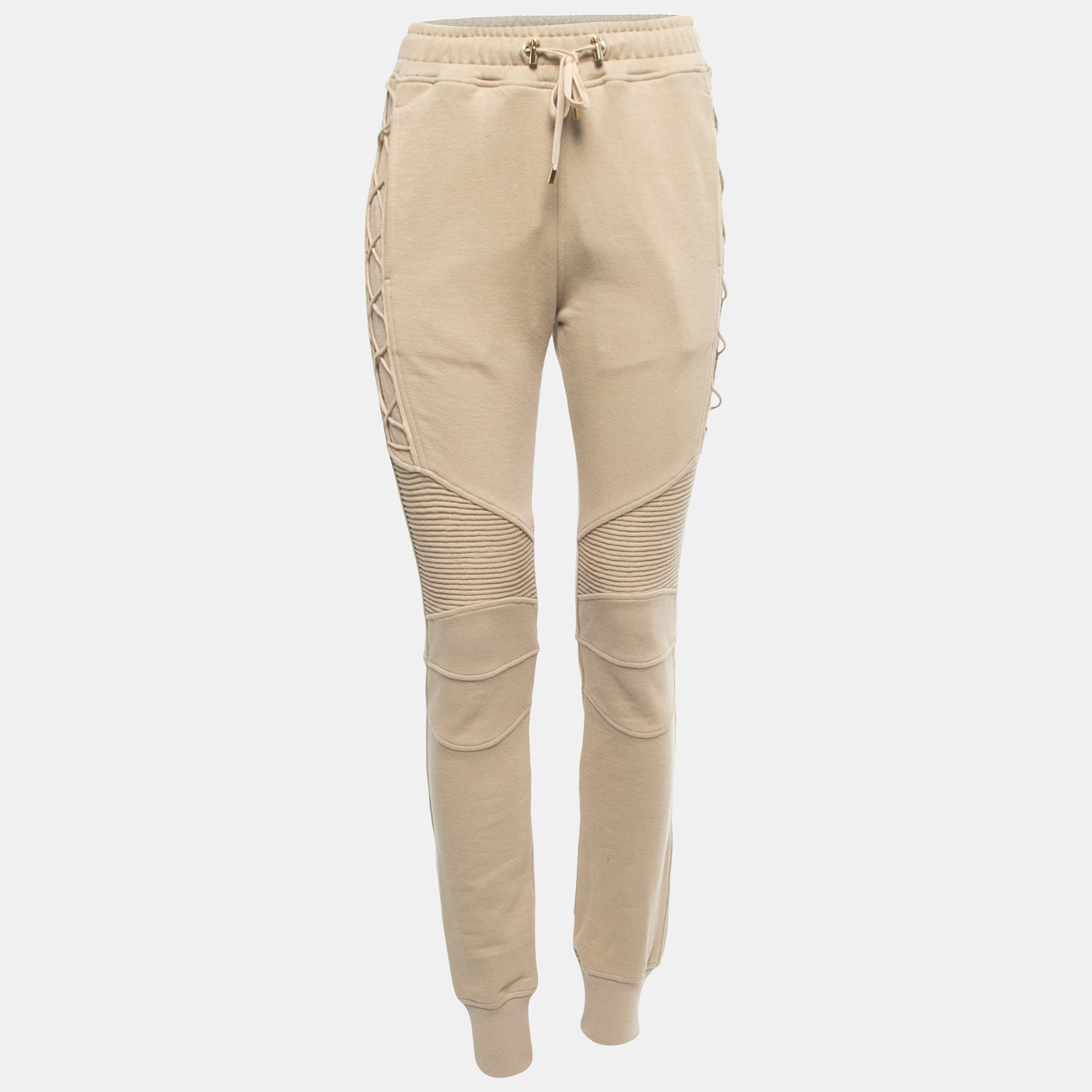 Pre-owned Balmain Beige Cotton Drawstring Lace-up Detail Joggers Xs