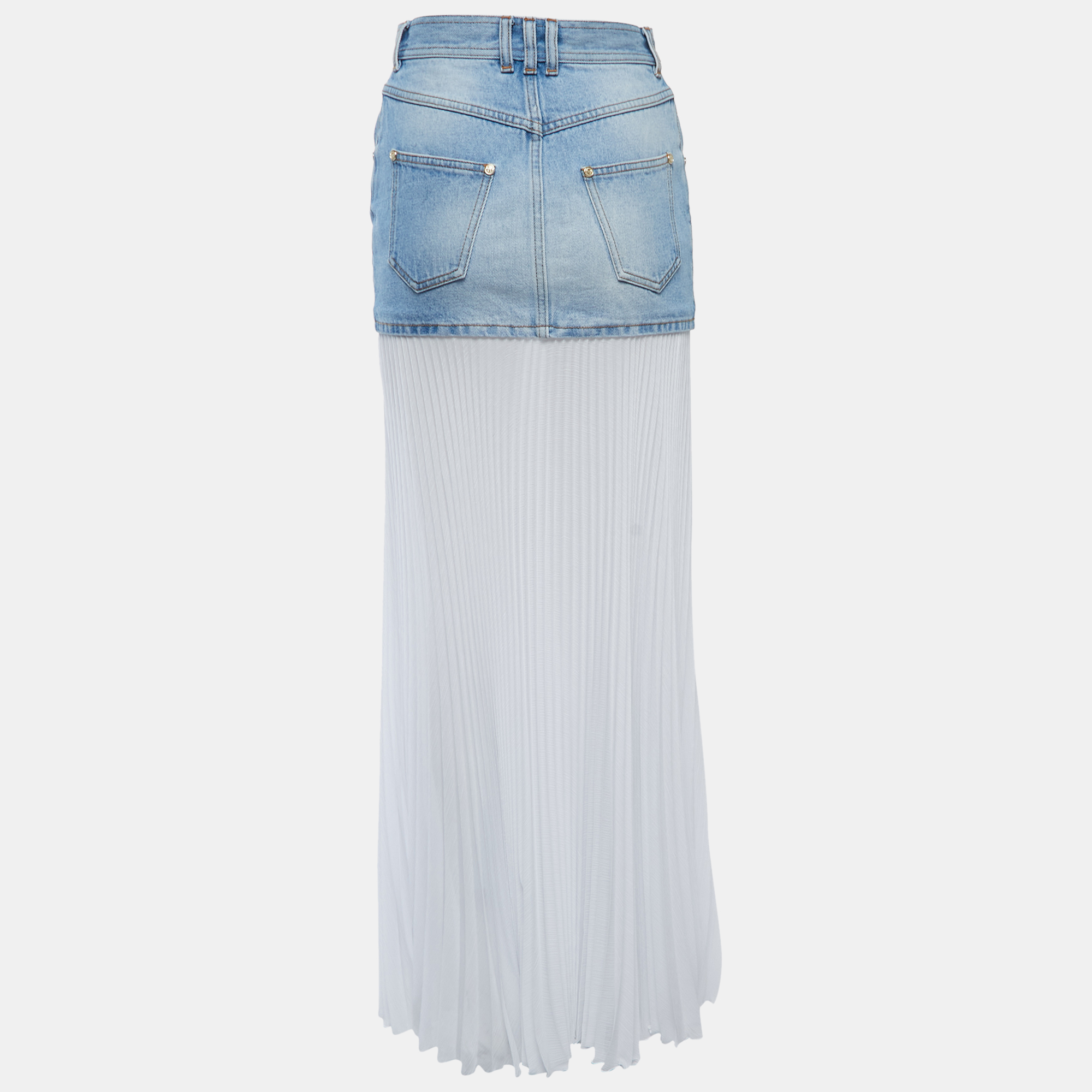 

Balmain White Denim Pleated Maxi Skirt