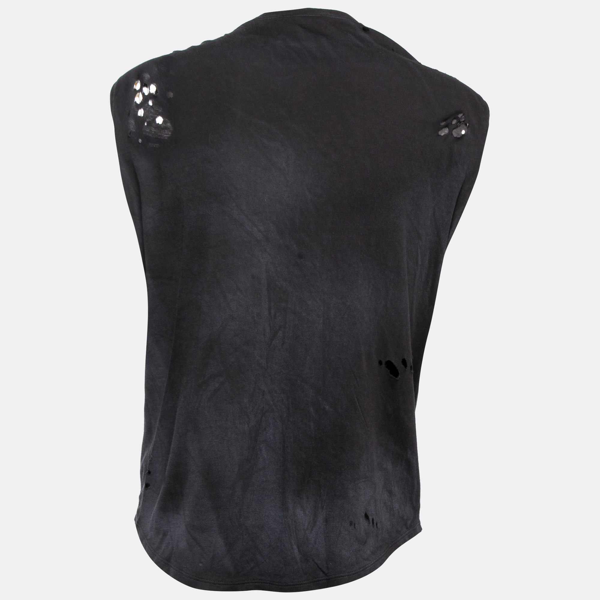 

Balmain Black Tiger Print Distressed Cotton Button Detailed Sleeveless T-Shirt