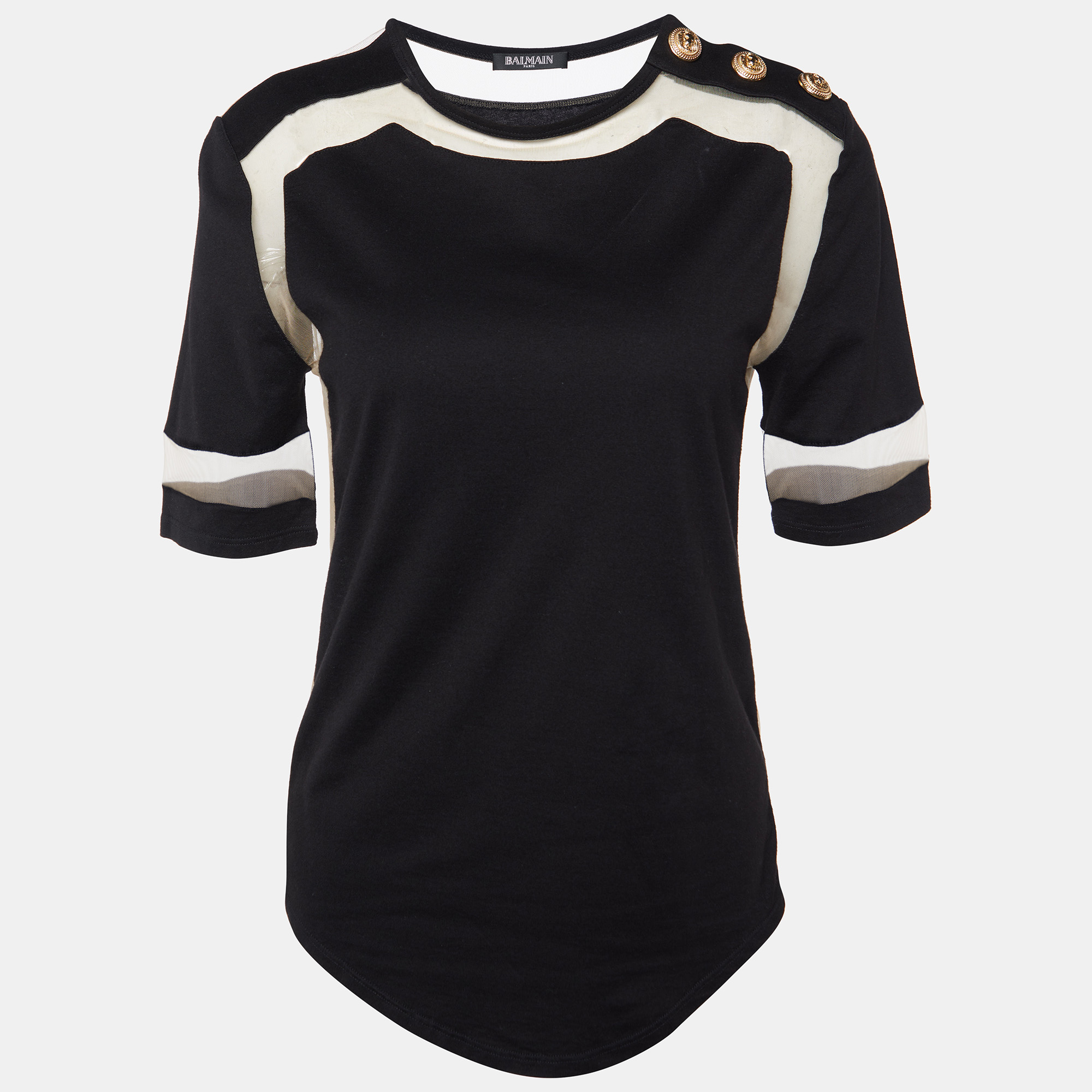 

Balmain Black Cotton Knit & Tulle Trim Detail T-Shirt