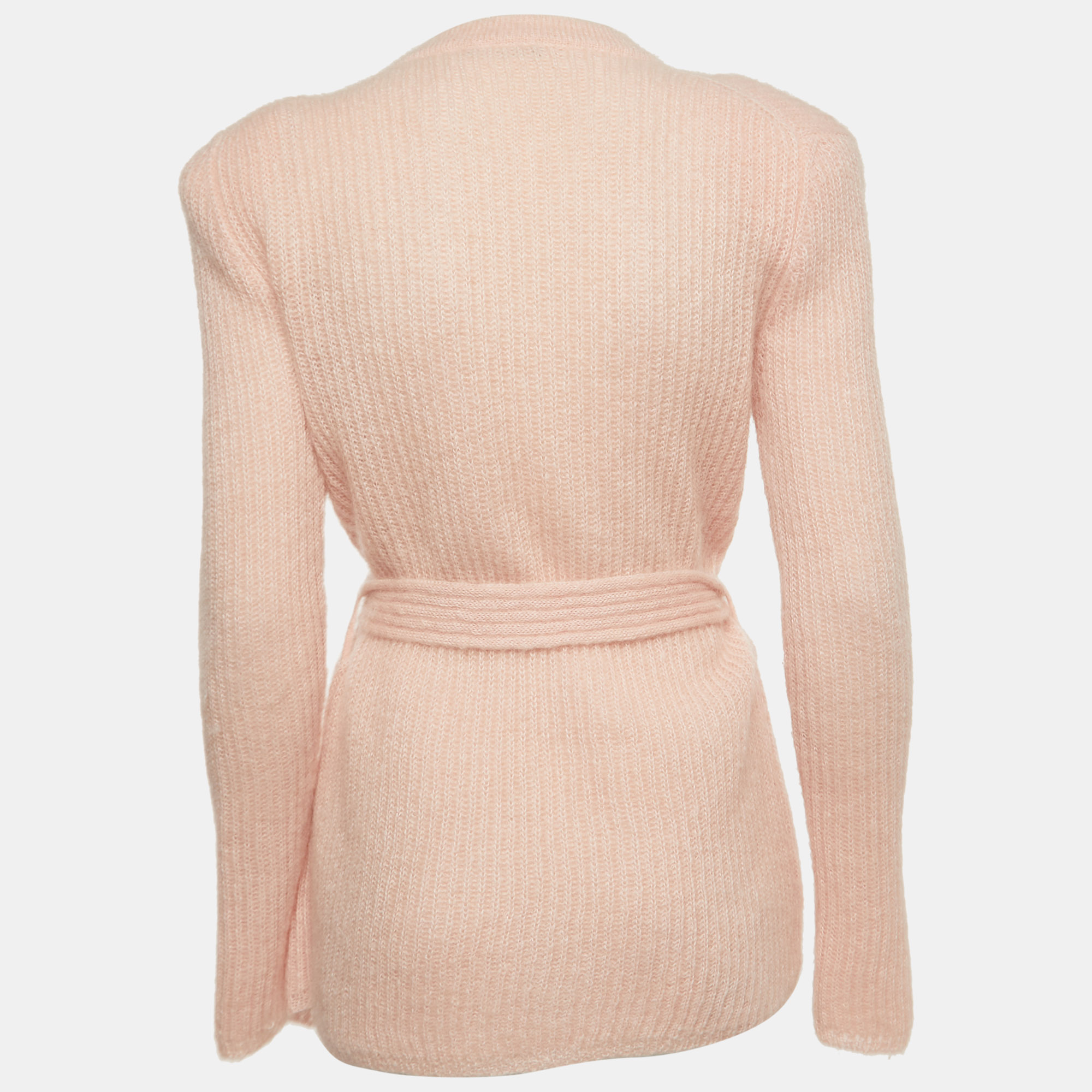 

Balmain Light Pink Mohair Wool Blend Open Front Belted Cardigan