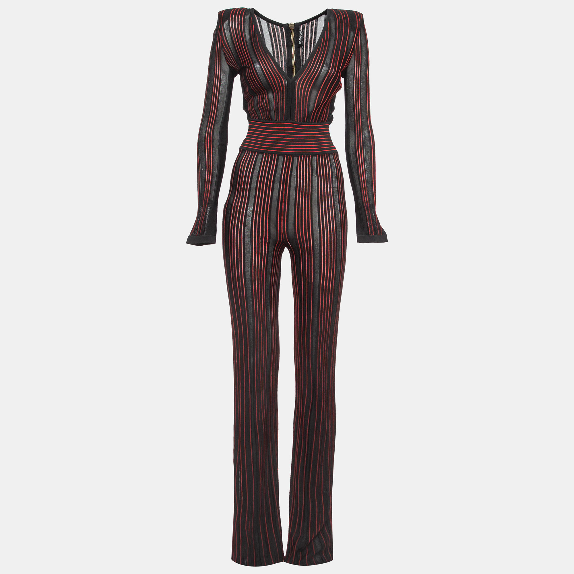 

Balmain Black/Red Striped Stretch Sheer Jumpsuit