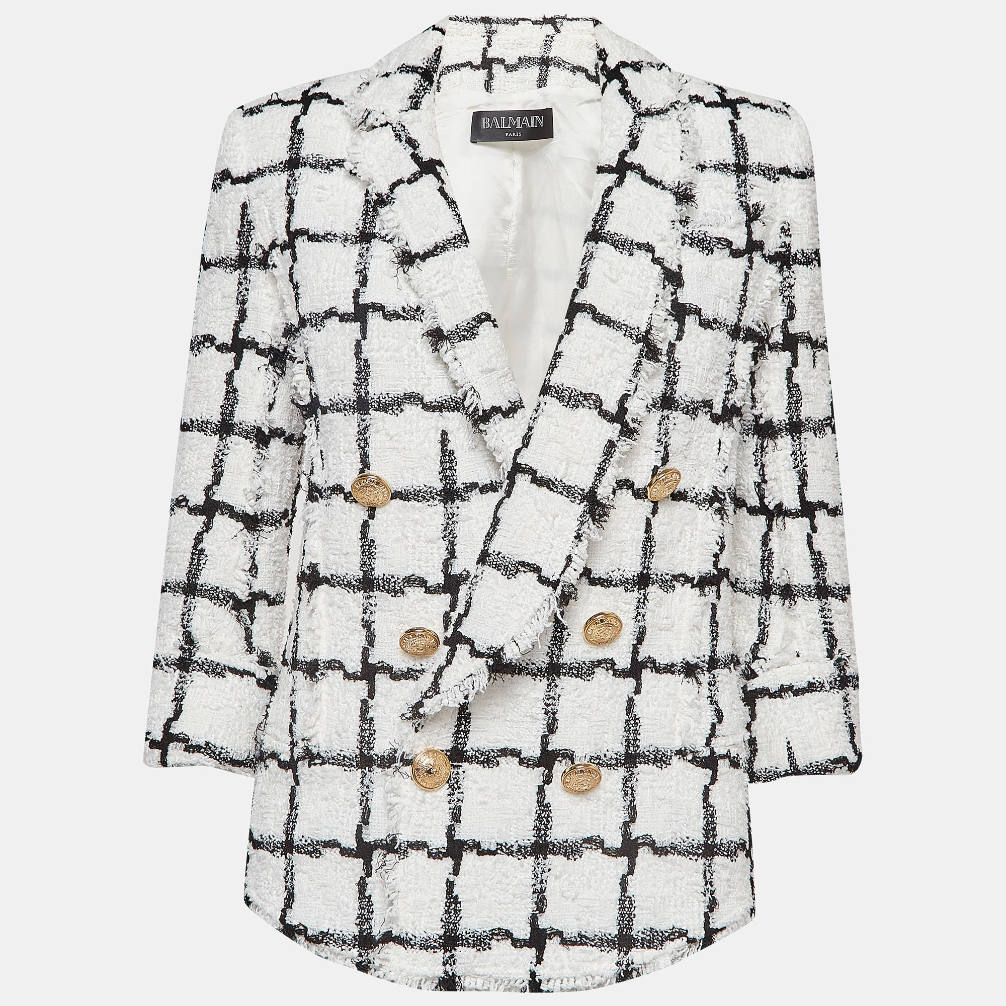 Pre-owned Balmain White/black Checked Tweed Double Breasted Blazer S