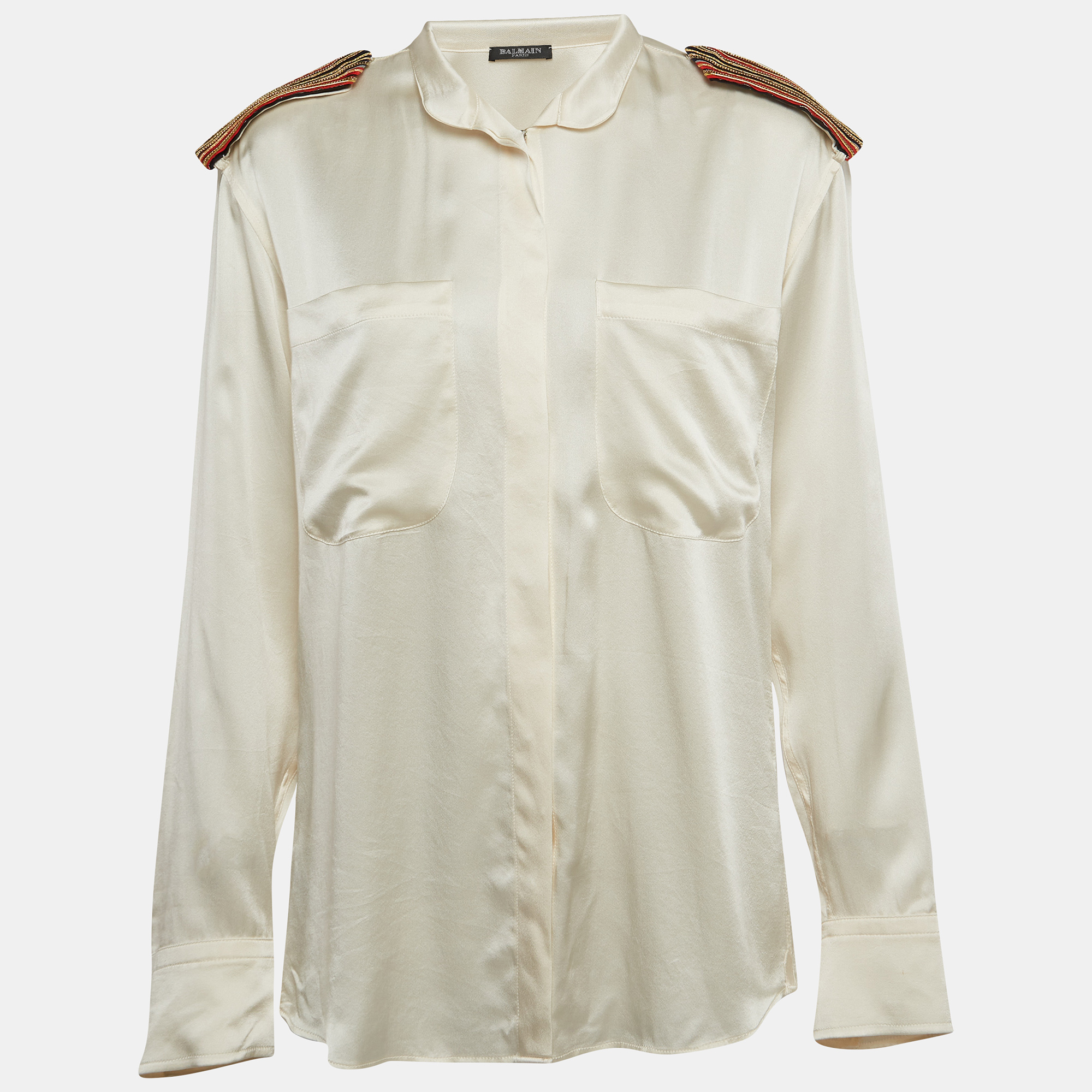 

Balmain Off White Satin Silk Embellished Shoulder Patch Shirt