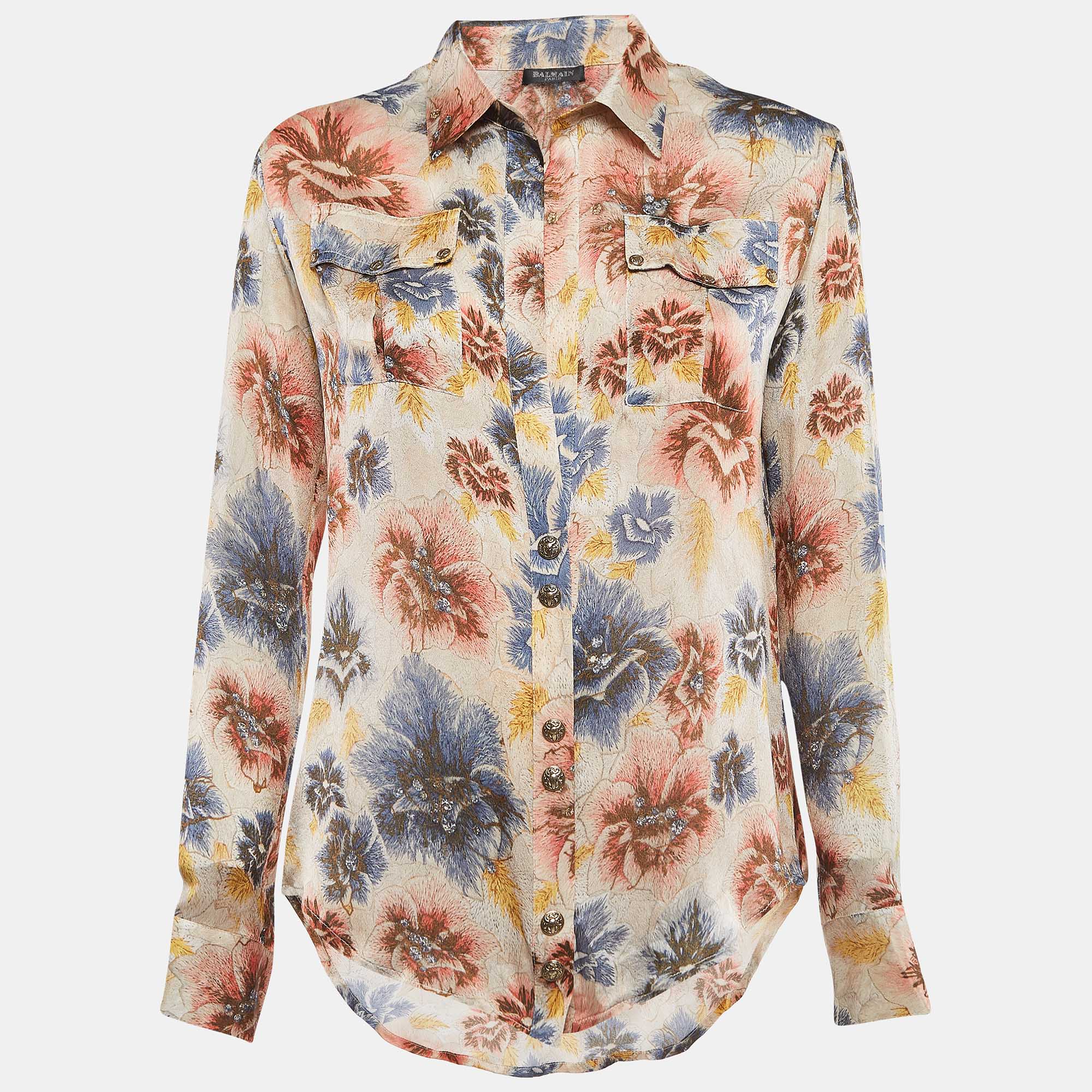 Pre-owned Balmain Multicolor Floral Print Satin Silk Long Sleeve Shirt S