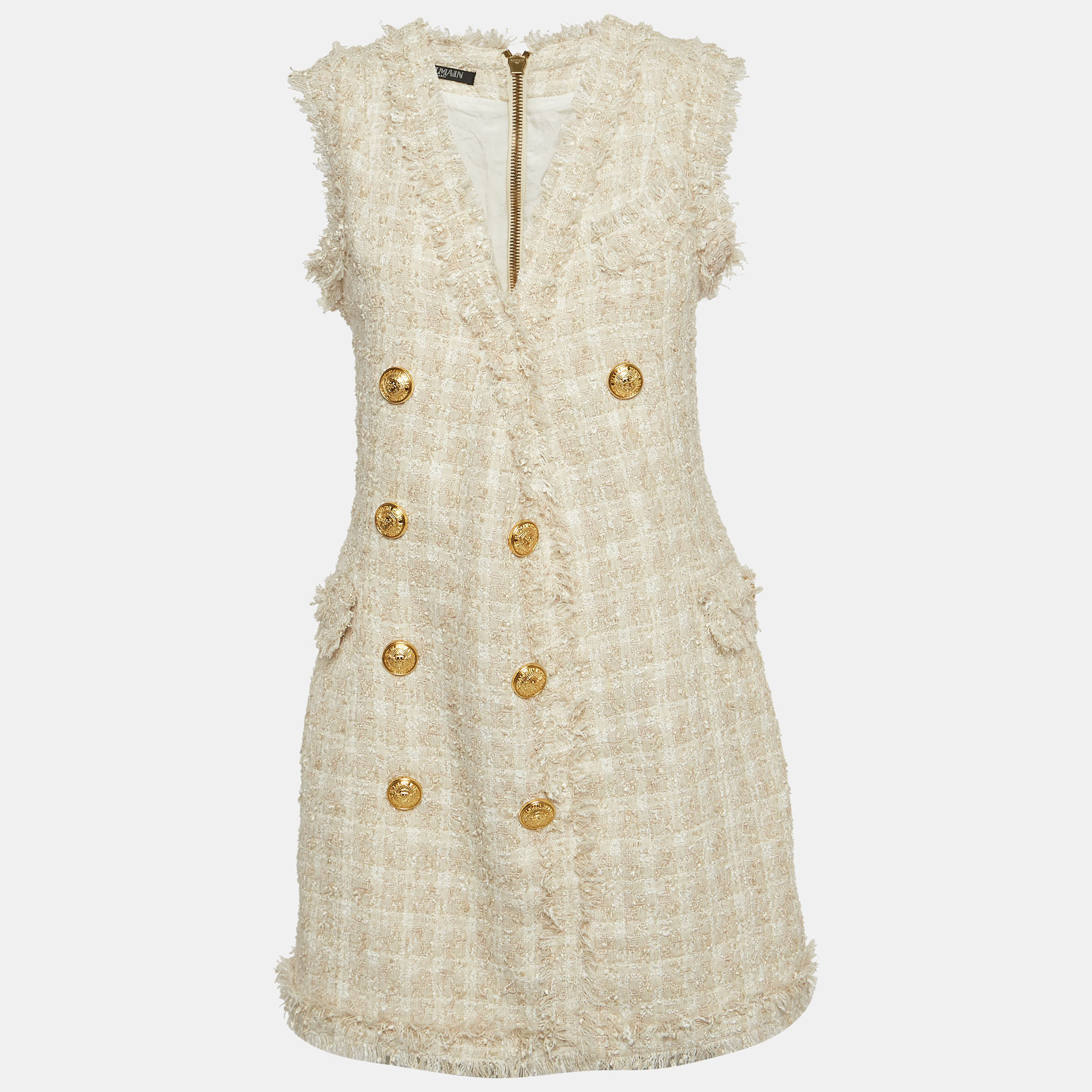 Pre-owned Balmain Off White Tweed Sleeveless Double Breasted Mini Dress S