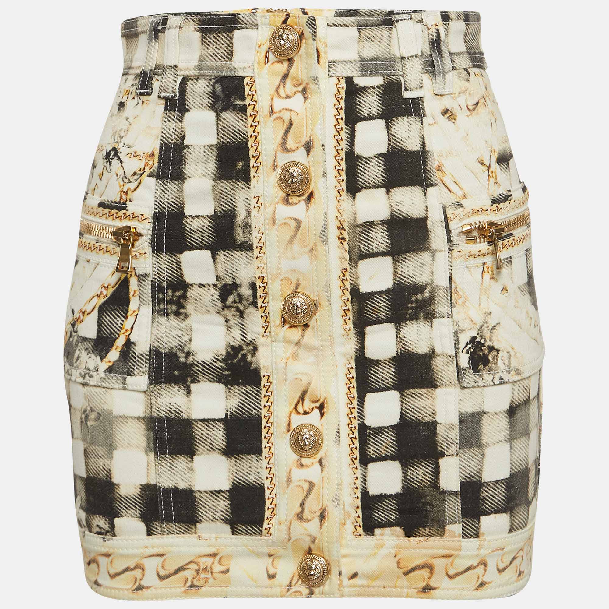 Pre-owned Balmain Grey Checked Cotton Buttoned Detail Mini Skirt S