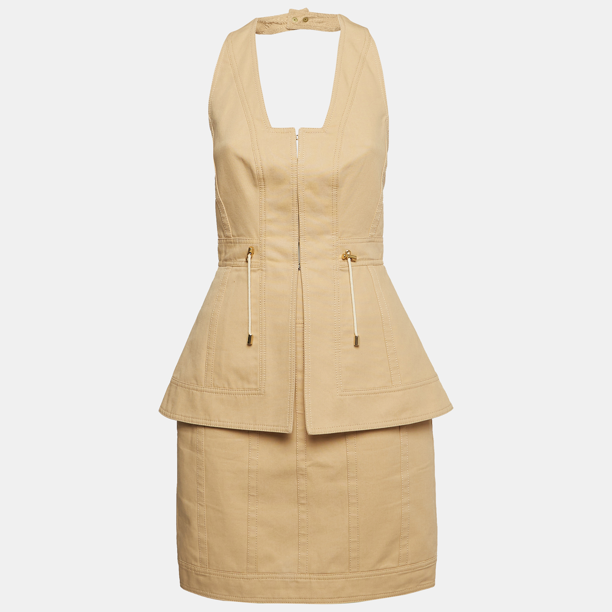 

Balmain Beige Cotton Canvas Halter Neck Peplum Style Mini Dress S