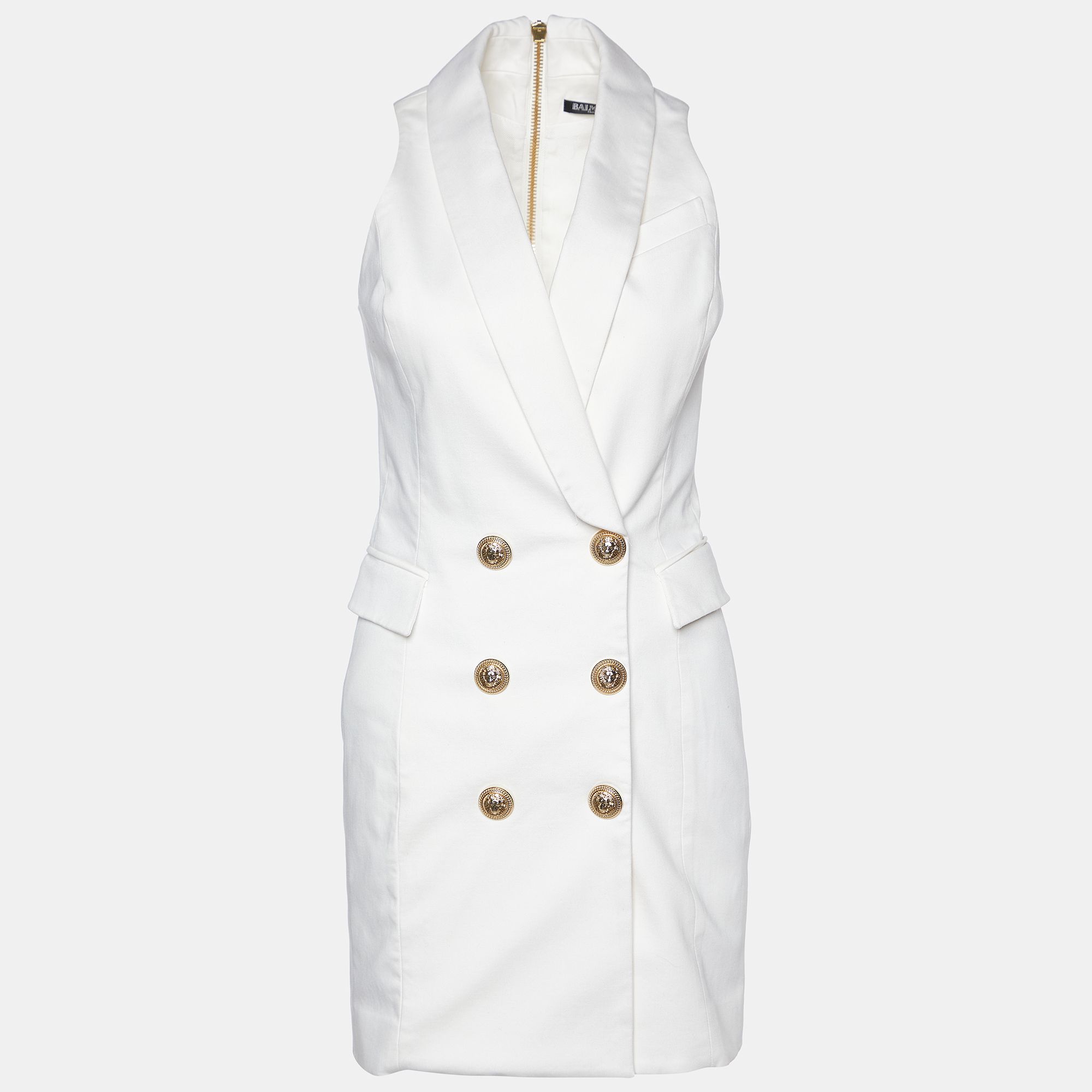 Pre-owned Balmain White Cotton Double Breasted Mini Dress S