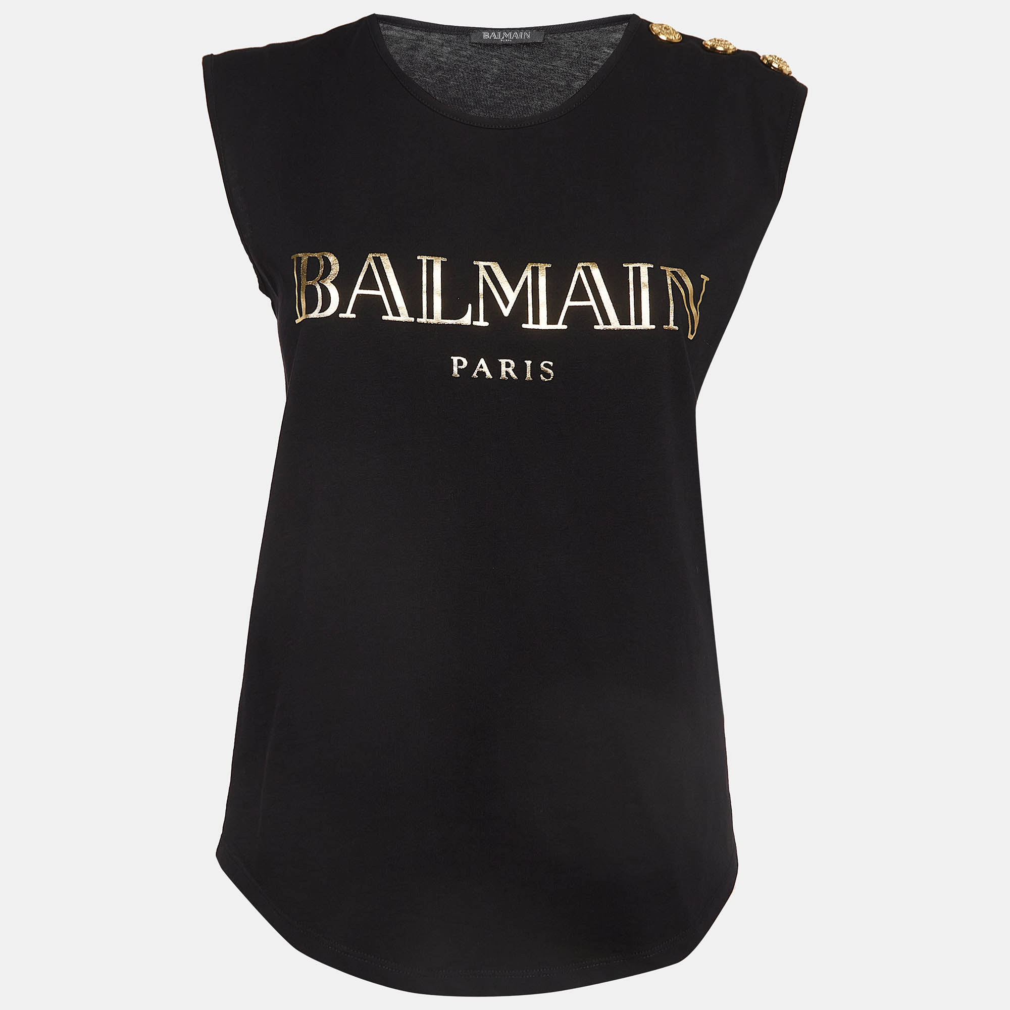 

Balmain Black Logo Print Cotton Knit Button Detail Sleeveless T-Shirt