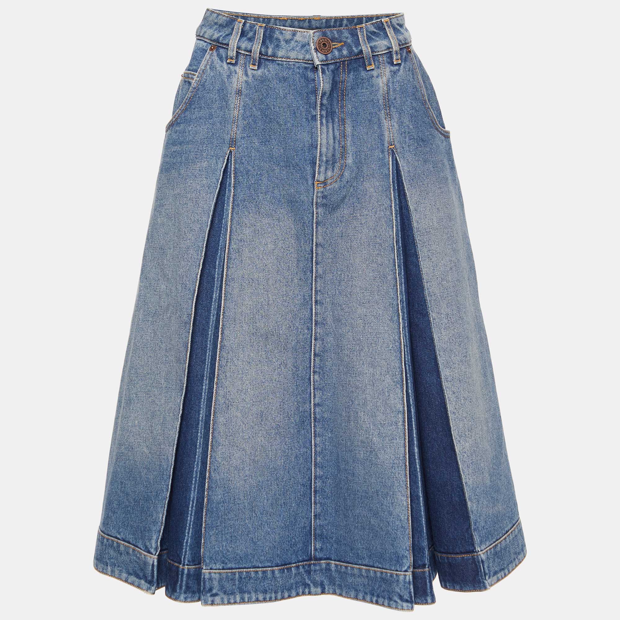 Pre Owned Balmain Blue Denim Pleated Midi Skirt S