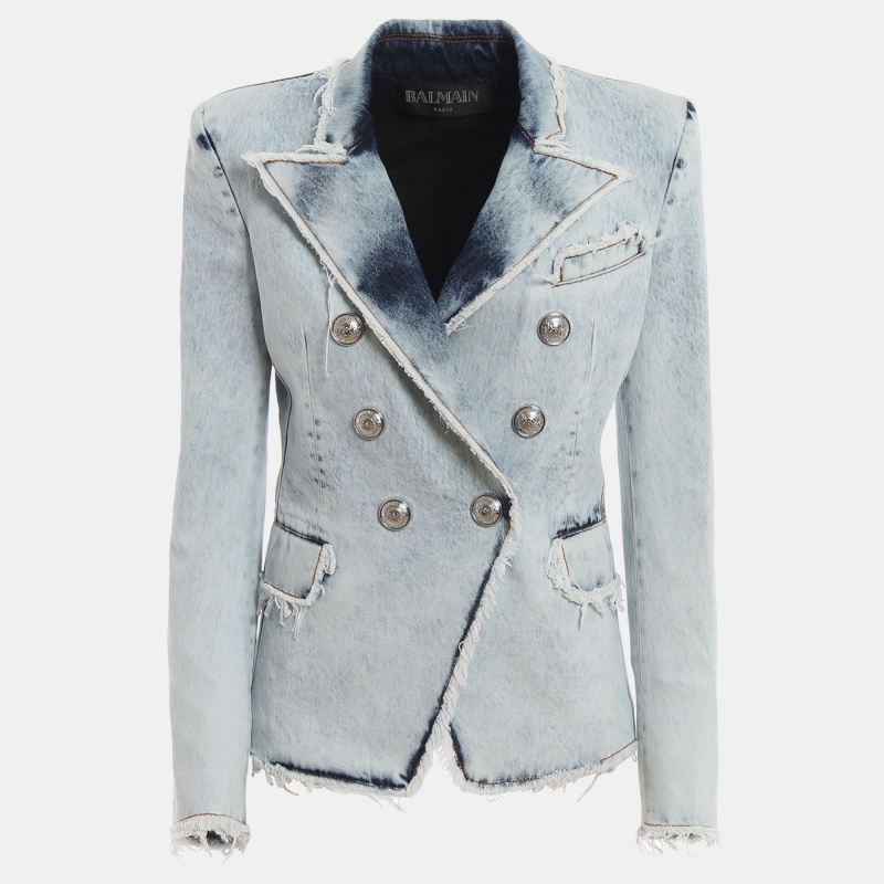 

Balmain Blue Distressed Denim Buttoned Double Breasted Jacket