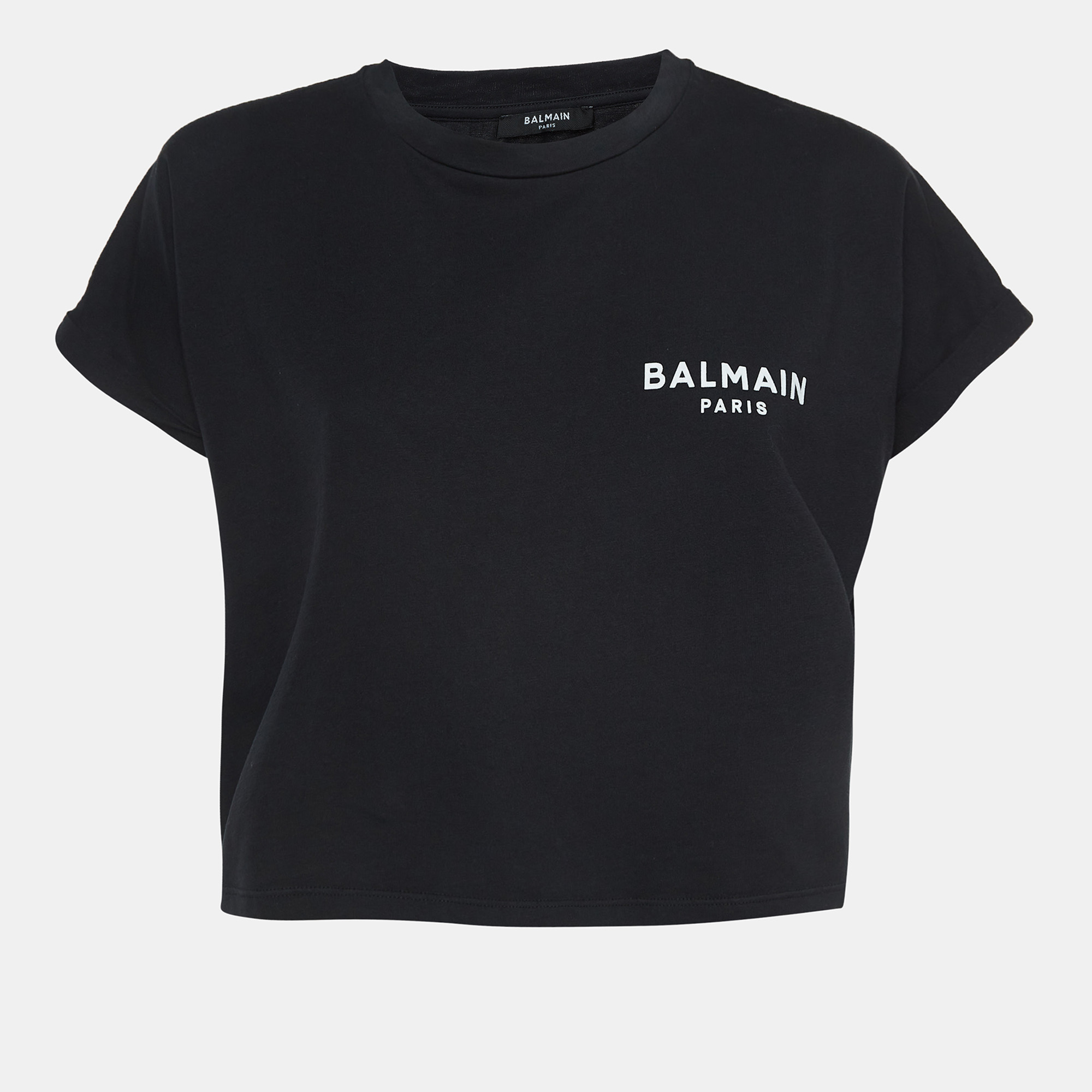 

Balmain Black Logo Printed Cotton Knit Crop Top