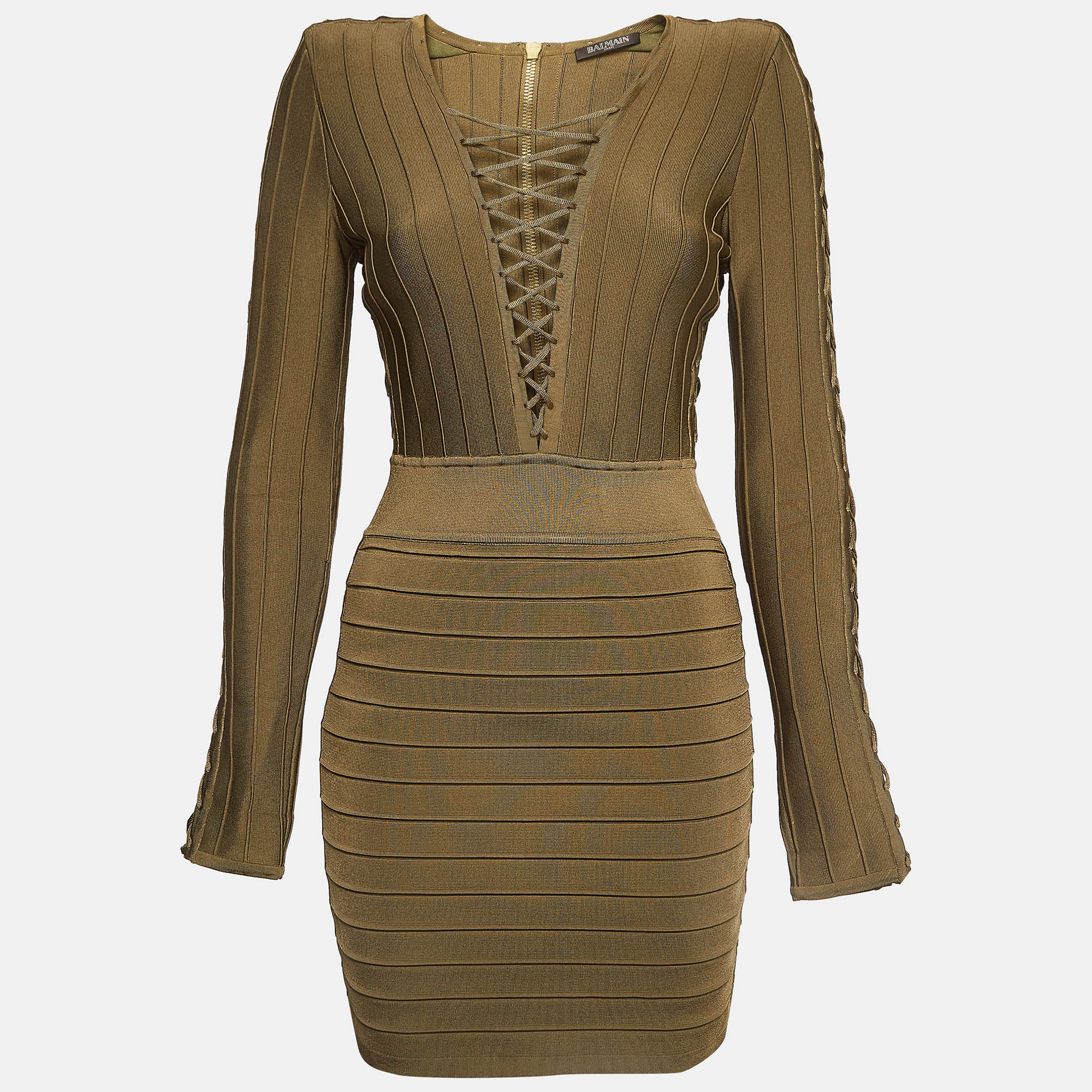 Pre-owned Balmain Olive Green Stretch Knit Lace-up Mini Bodycon Dress S