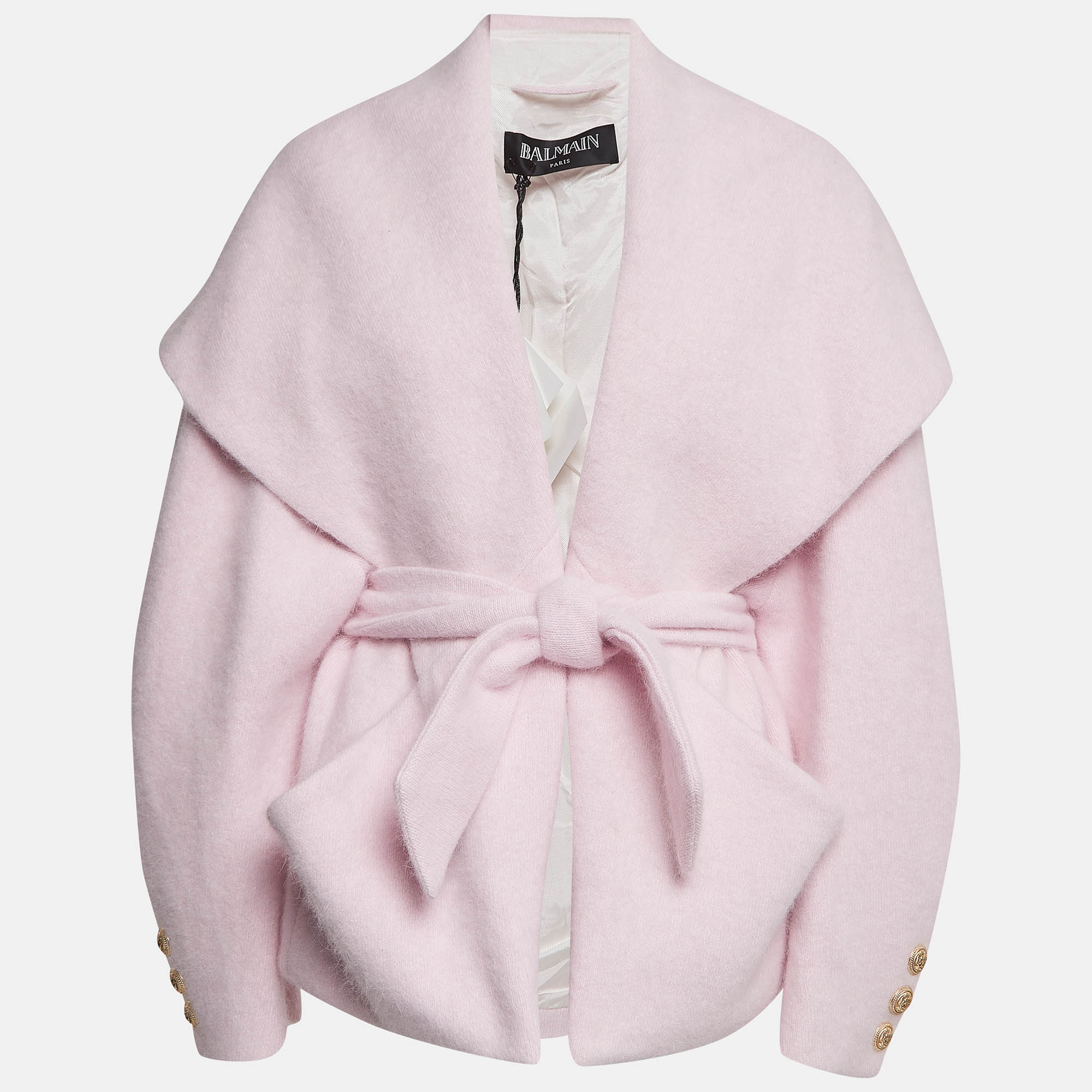 

Balmain Pink Wool Blend Knit Belted Coat M