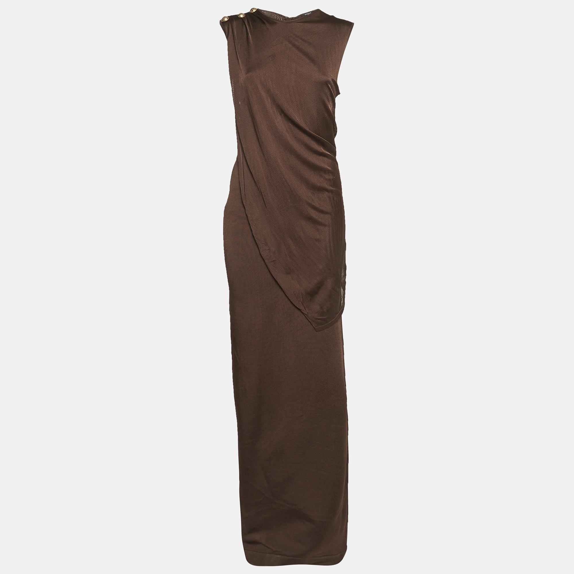 

Balmain Brown Stretch Knit Drape Detail Sleeveless Maxi Dress M