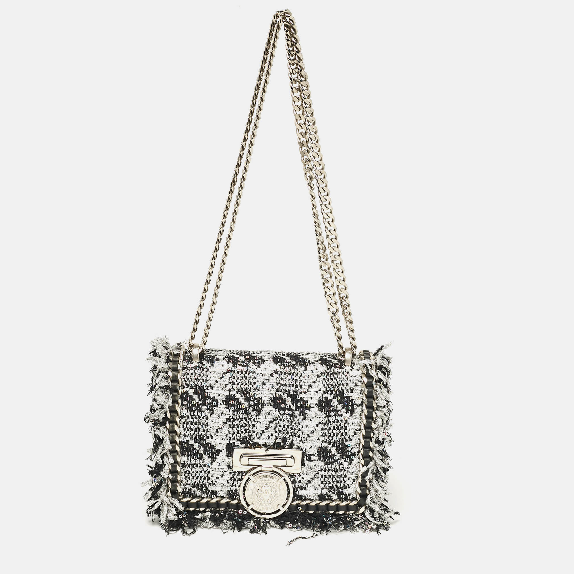 

Balmain Silver/Black Tweed and Sequins Box Shoulder Bag