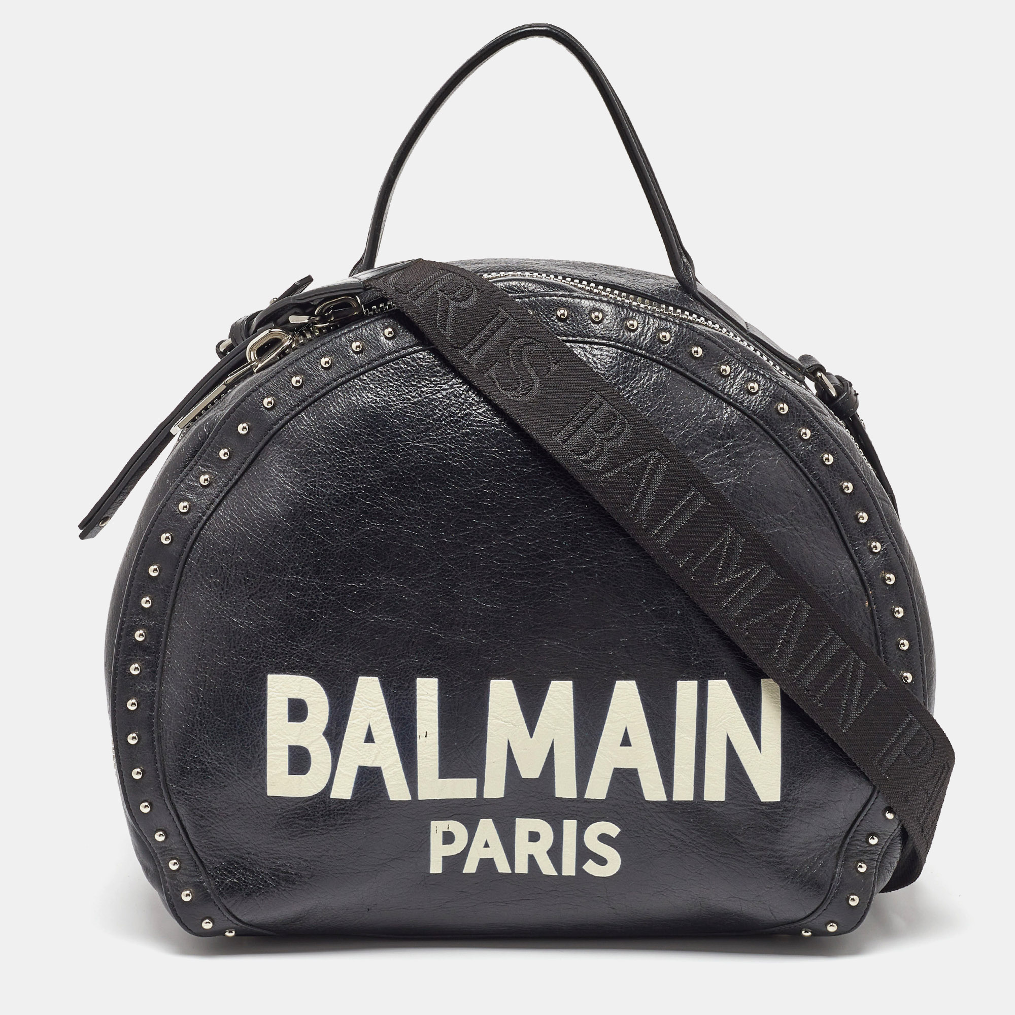 

Balmain Black Leather Studded Logo Drum Top Handle Bag