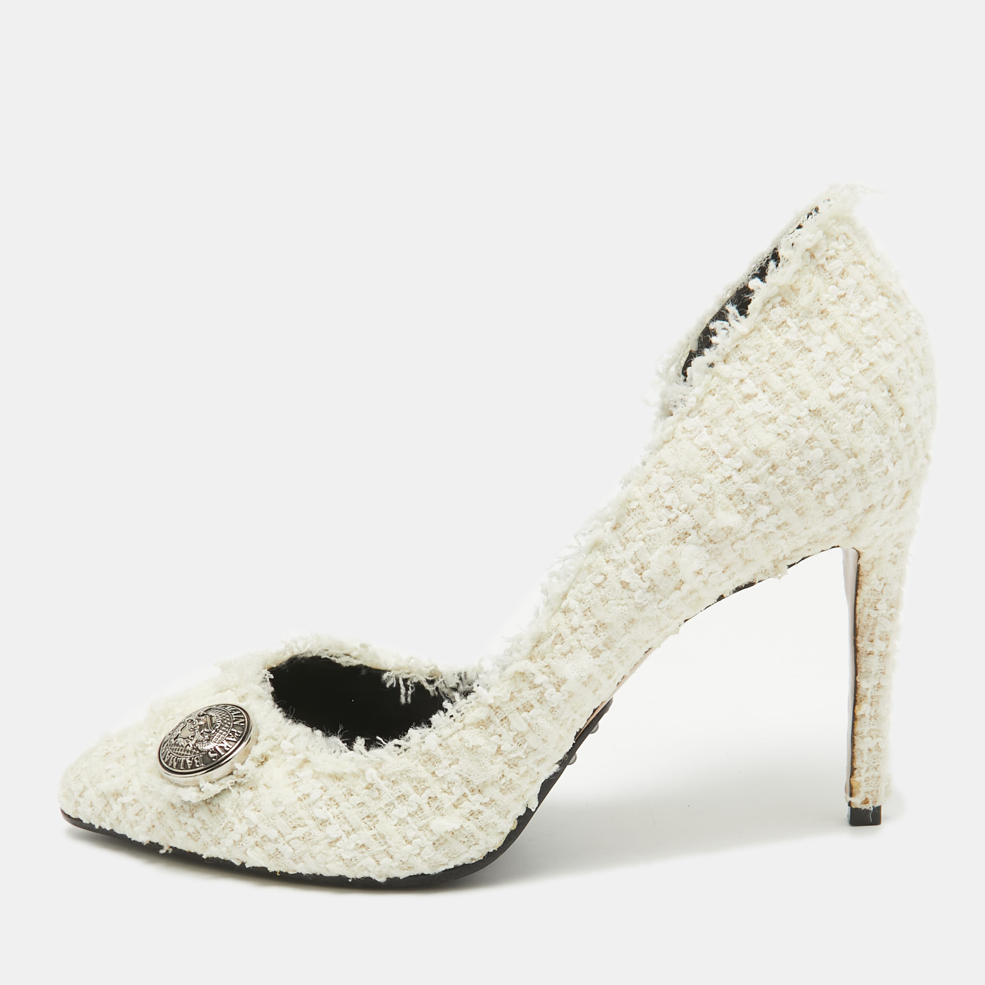 

Balmain White Tweed D'orsay Pointed Toe Pumps Size