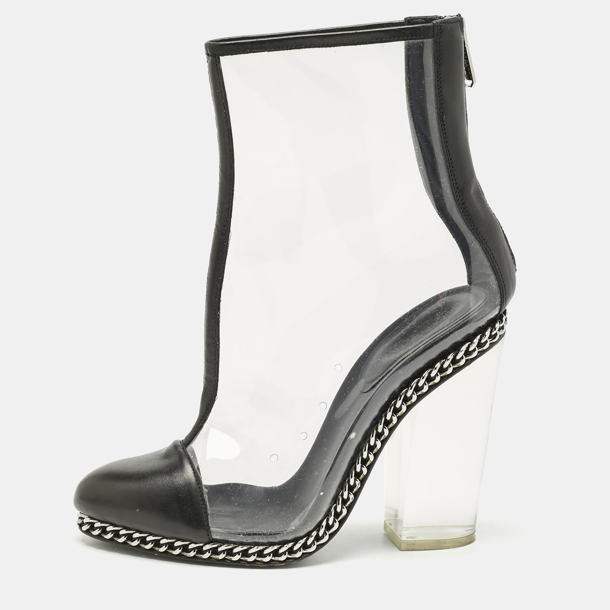 Balmain Black/Transparent Leather And PVC Cap Toe Ankle Length Boots Size 39