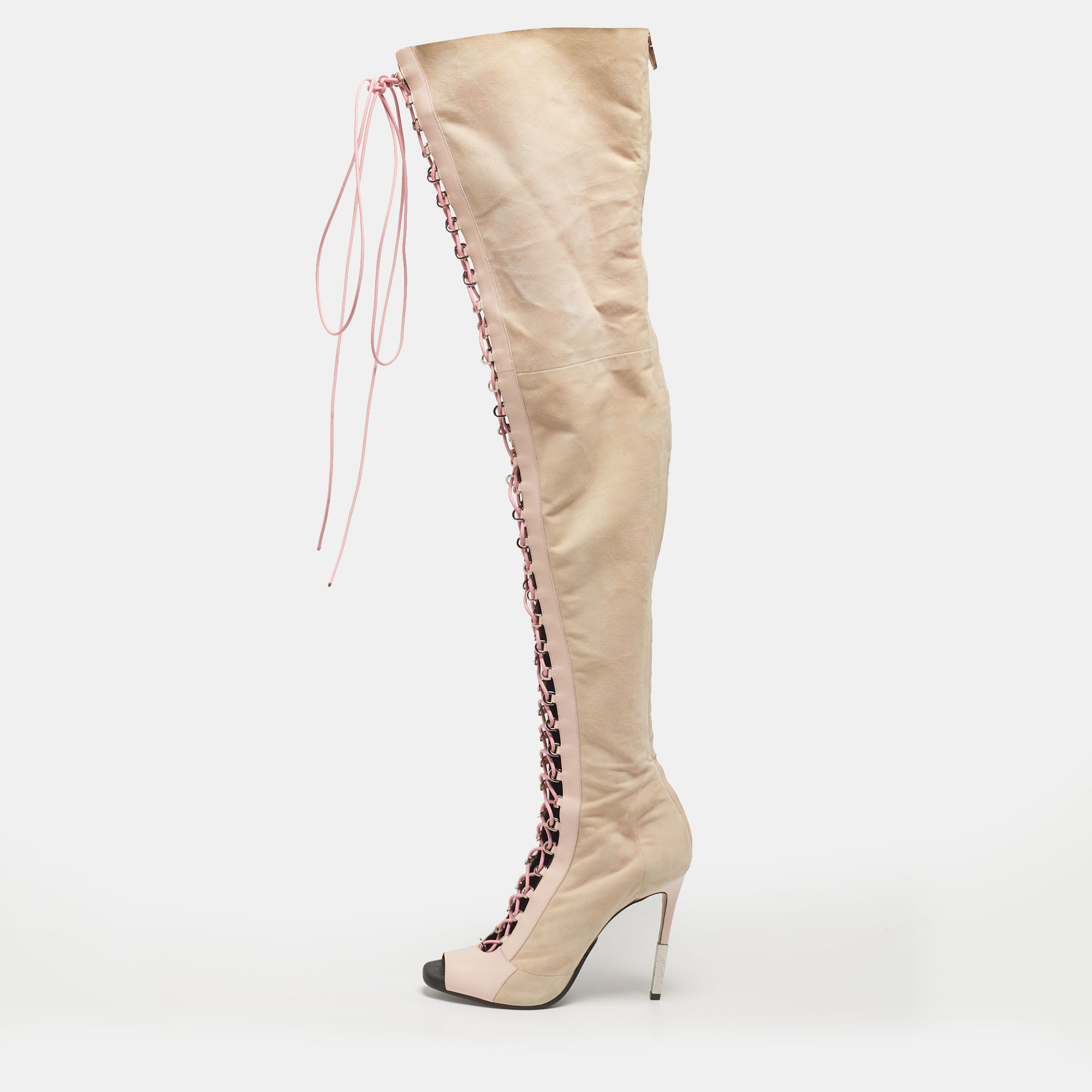 

Balmain Beige/Pink Leather and Suede Over The Knee Boots Size