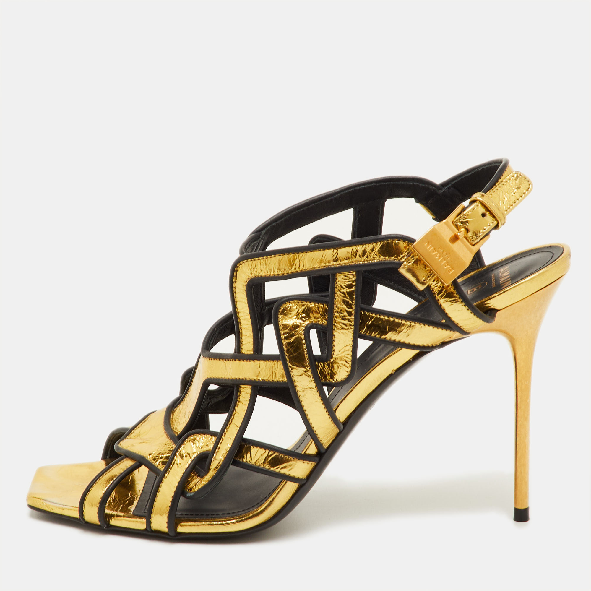 

Balmain Urania Size  Gold/Black Crinkle Leather Caged Ankle Strap Sandals
