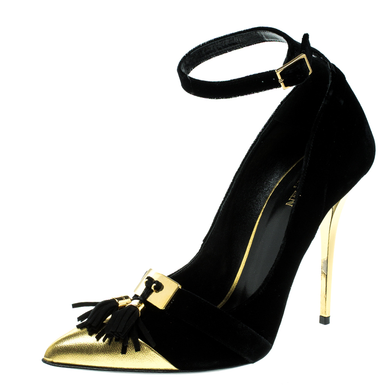 Pre Owned Balmain Black Velvet and Metallic Gold Leather Lena Tassel Ankle Strap Pumps Size 39